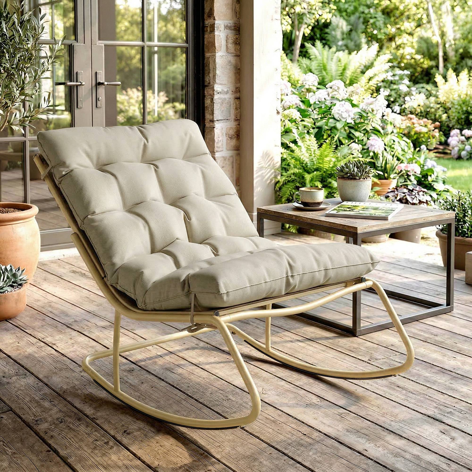 Rocking chair jardin acier textilène balcon terrasse coussin moelleux 113x70x76cm beige kaki - ComfortXL Outdoor Living - Image 3