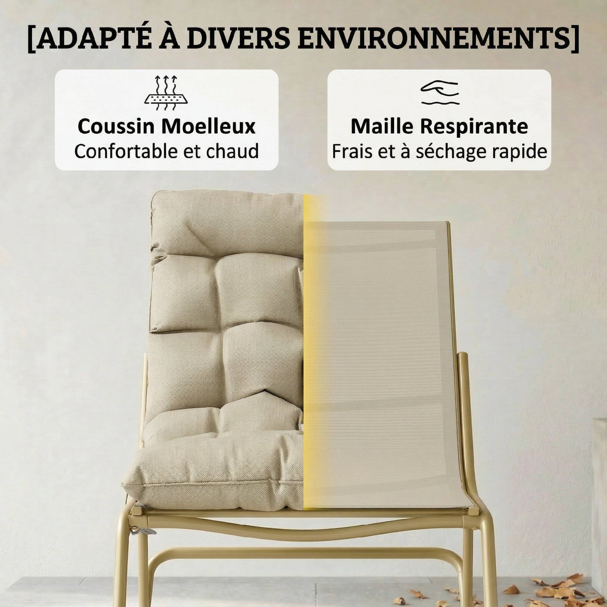 Rocking chair jardin acier textilène balcon terrasse coussin moelleux 113x70x76cm beige kaki - ComfortXL Outdoor Living - Image 8