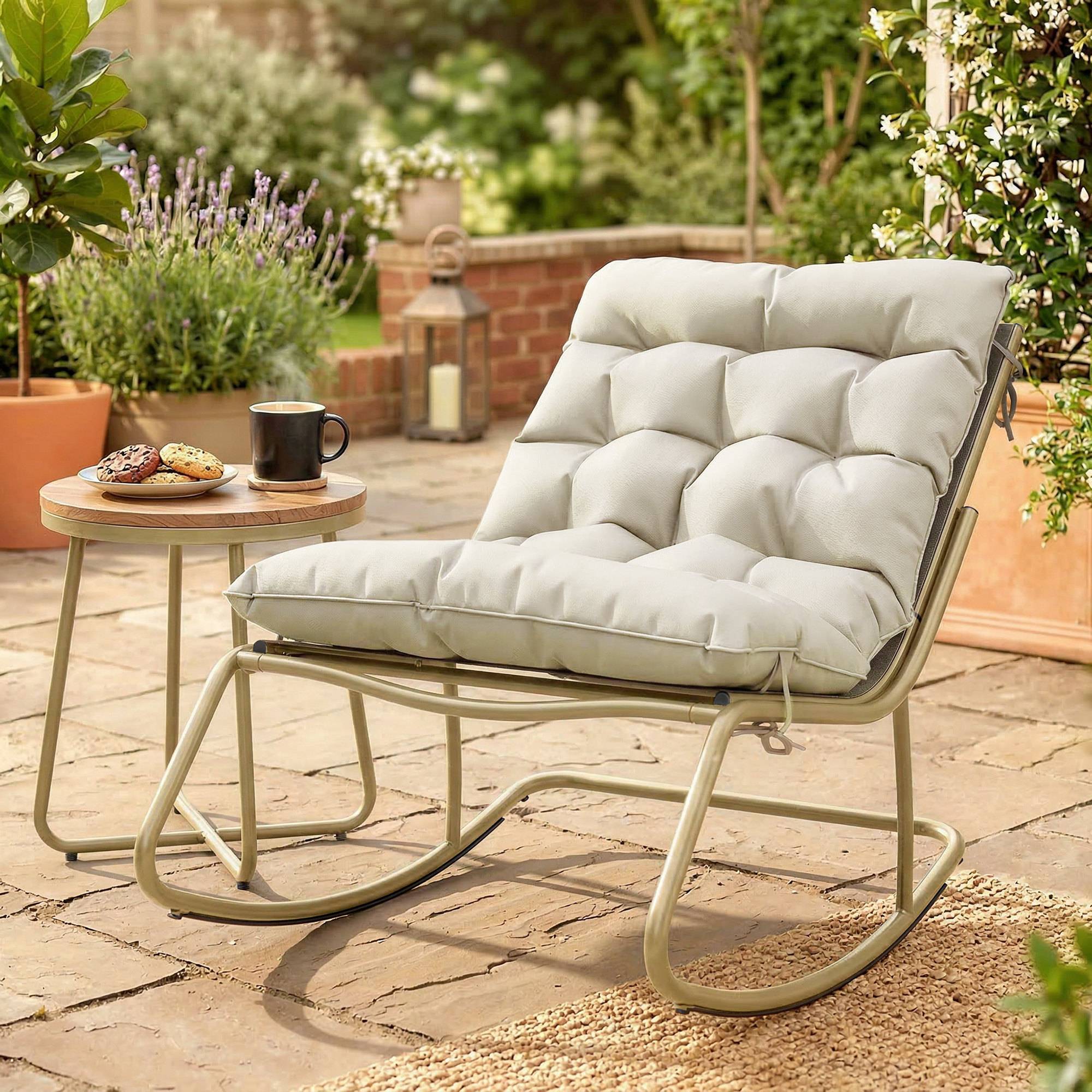 Rocking chair jardin acier textilène balcon terrasse coussin moelleux 113x70x76cm beige kaki - ComfortXL Outdoor Living - Image 4