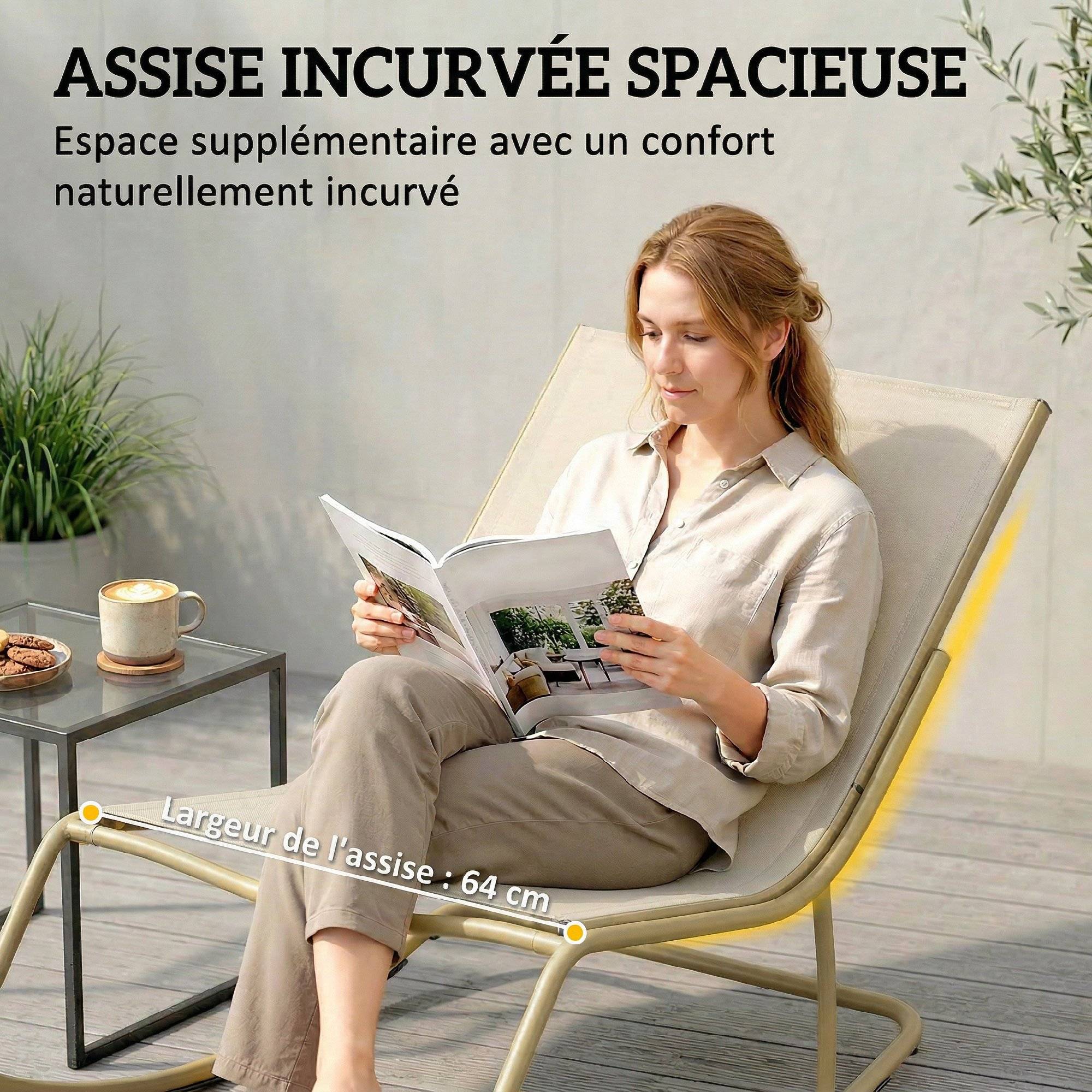 Rocking chair jardin acier textilène balcon terrasse coussin moelleux 113x70x76cm beige kaki - ComfortXL Outdoor Living - Image 7