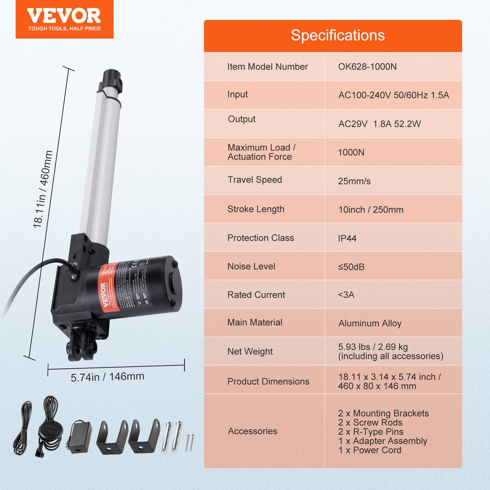 Vevor - VEVOR Kit actionneur linéaire 250mm 24V, 25mm/s, 1000N, levage TV/table/canapé, IP44, adaptateur. - Image 7