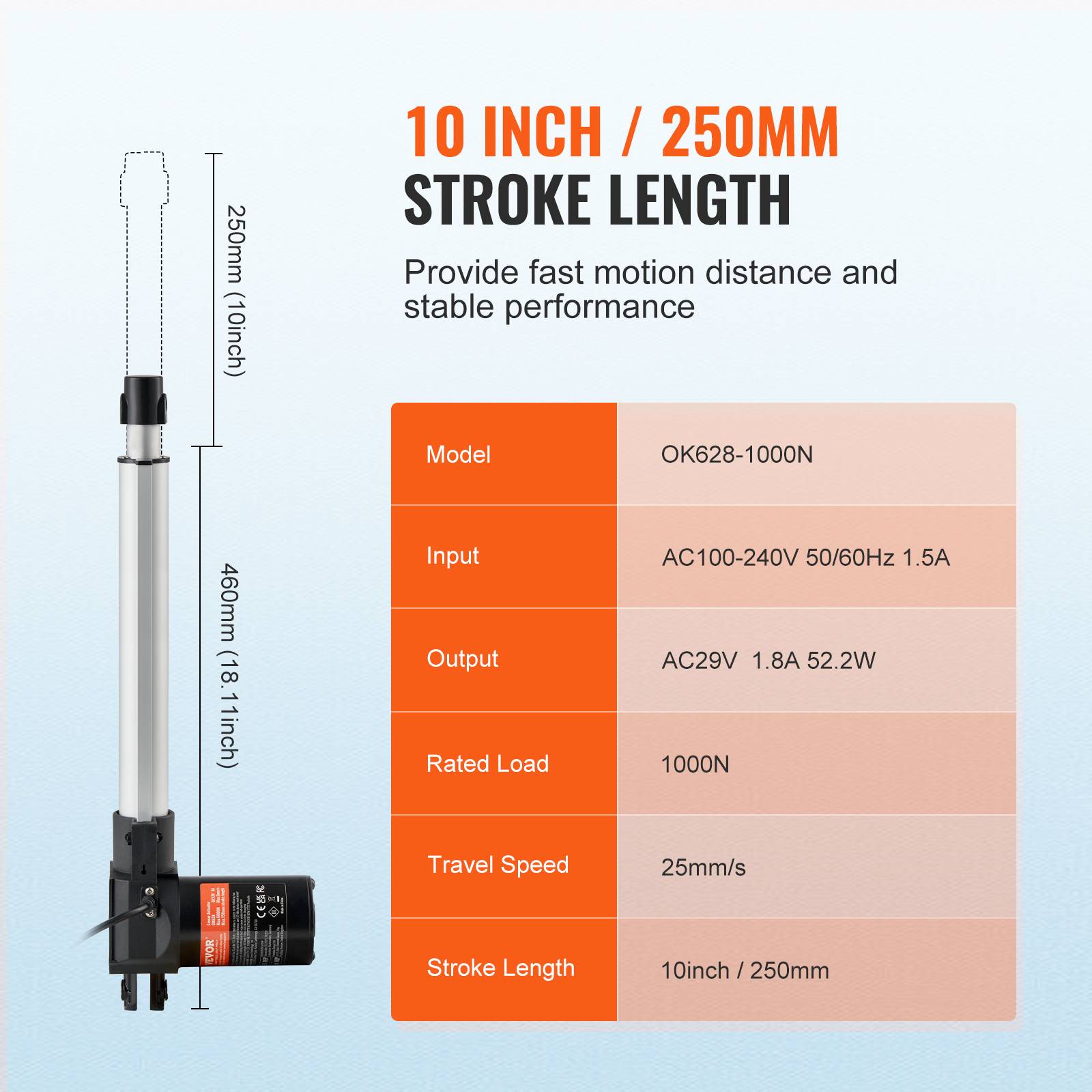 Vevor - VEVOR Kit actionneur linéaire 250mm 24V, 25mm/s, 1000N, levage TV/table/canapé, IP44, adaptateur. - Image 3