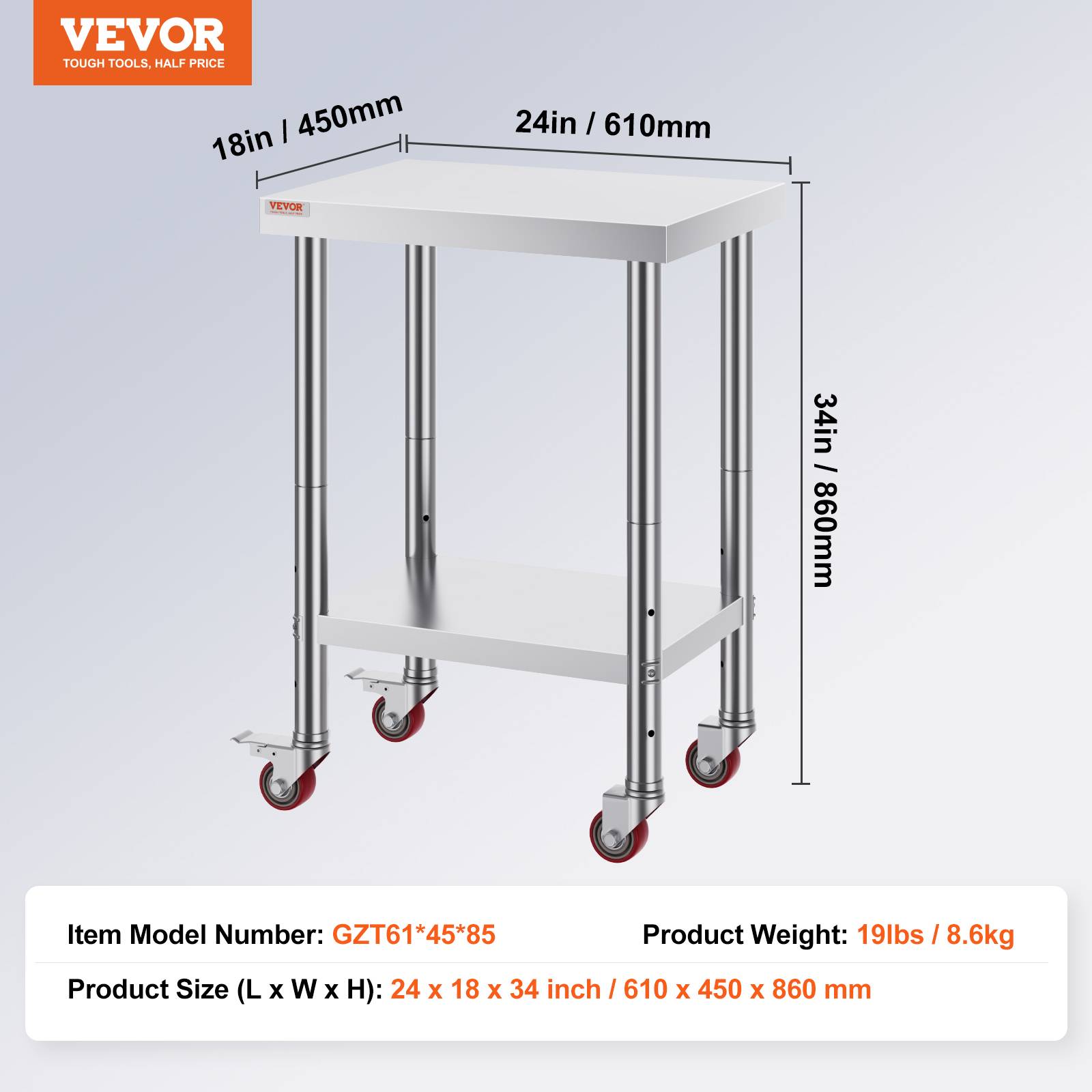 VEVOR Table de travail cuisine inox 61x46x86 cm, roulettes freins, charge 100 kg, pour hôtels/restaurants - Image 7