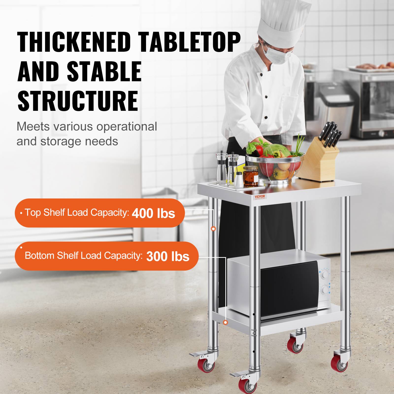 VEVOR Table de travail cuisine inox 61x46x86 cm, roulettes freins, charge 100 kg, pour hôtels/restaurants - Image 3