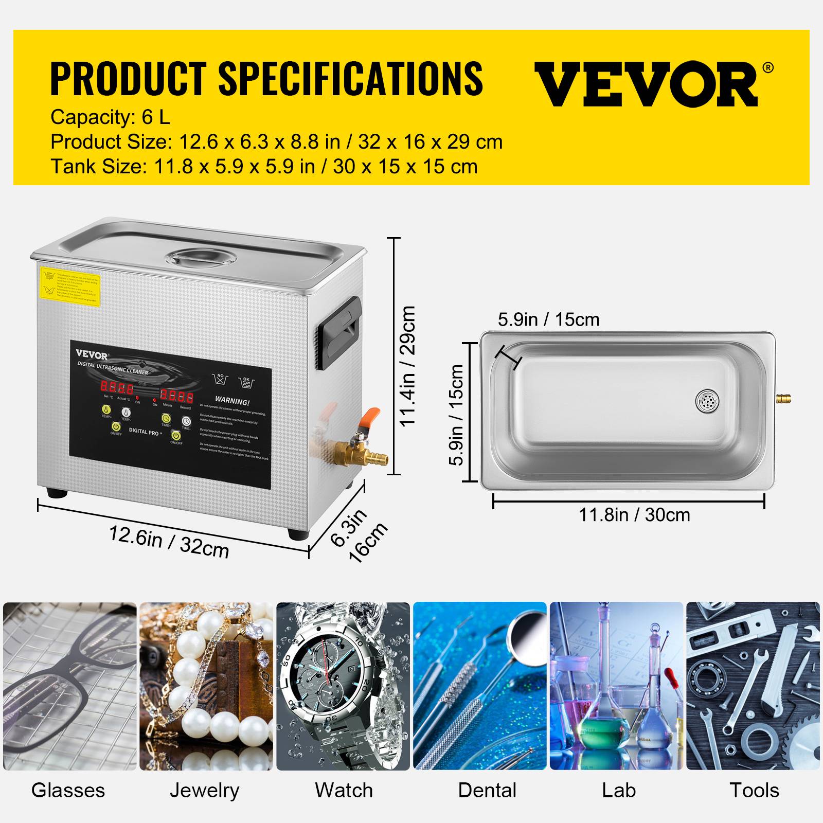 VEVOR Nettoyeur ultrasons numérique 6L, chauffage 400W, ultrason 180W, minuterie, en inox, pour bijoux, lunettes. - Image 7
