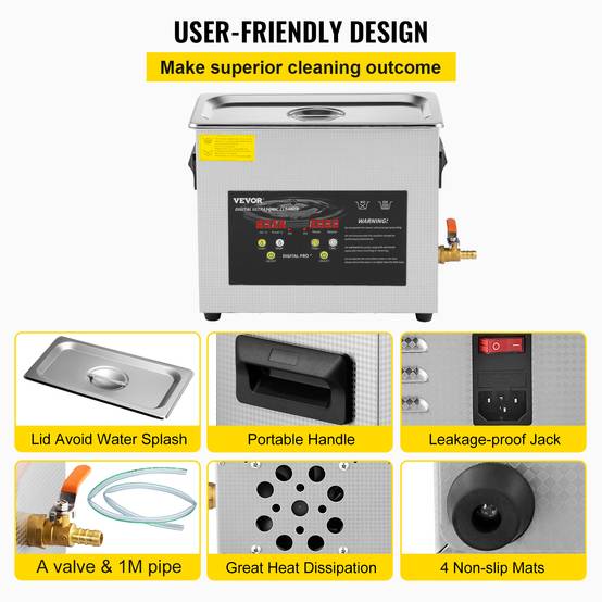 VEVOR Nettoyeur ultrasons numérique 6L, chauffage 400W, ultrason 180W, minuterie, en inox, pour bijoux, lunettes. - Image 6