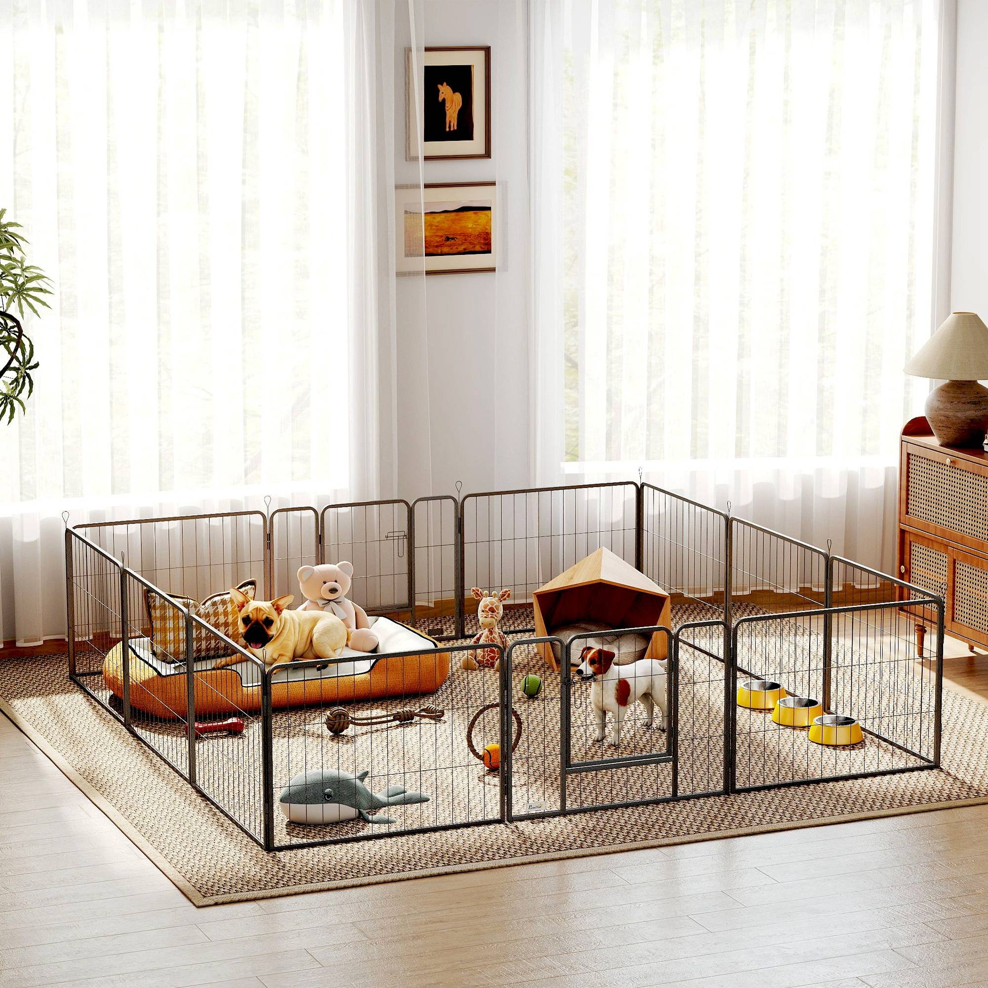 Parc pour chien à 12 panneaux avec 2 portes, utilisable en intérieur et en extérieur, en acier, 80 x 60 cm, gris - Image 4