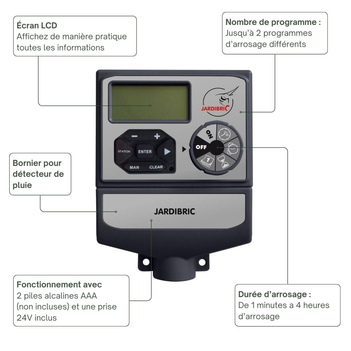 Jardibric - Jardibric - Programmateur Arrosage 24V 4 Voies - 2 Programmes Multi-Zones Détecteur Pluie Compatible - Imagen 4