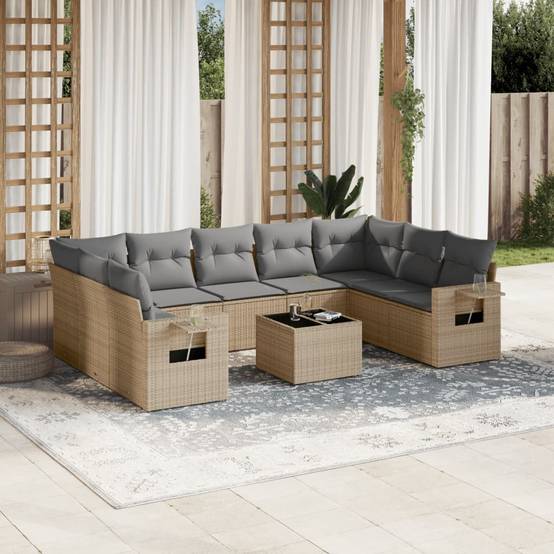 Salon de Jardin Poly Rotin Modulable 10 Pièces avec Accoudoirs et Tablettes pour Extérieur Beige – ComfortXL Outdoor Living - Image 1