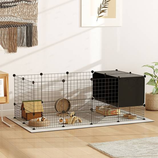 Enclos petits animaux acier rongeurs modulable niches 140x52cm noir - ComfortXL Outdoor Living - Image 3
