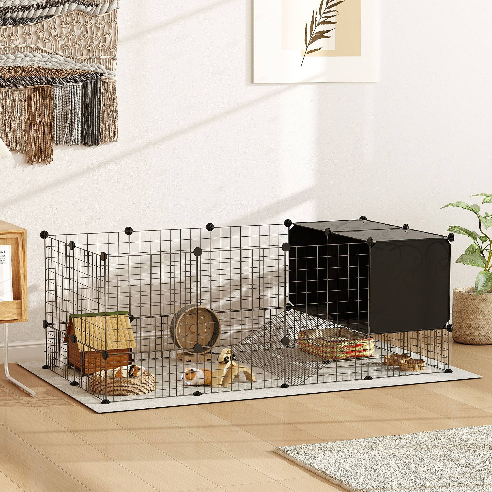 Enclos petits animaux acier rongeurs modulable niches 140x52cm noir - ComfortXL Outdoor Living - Image 3