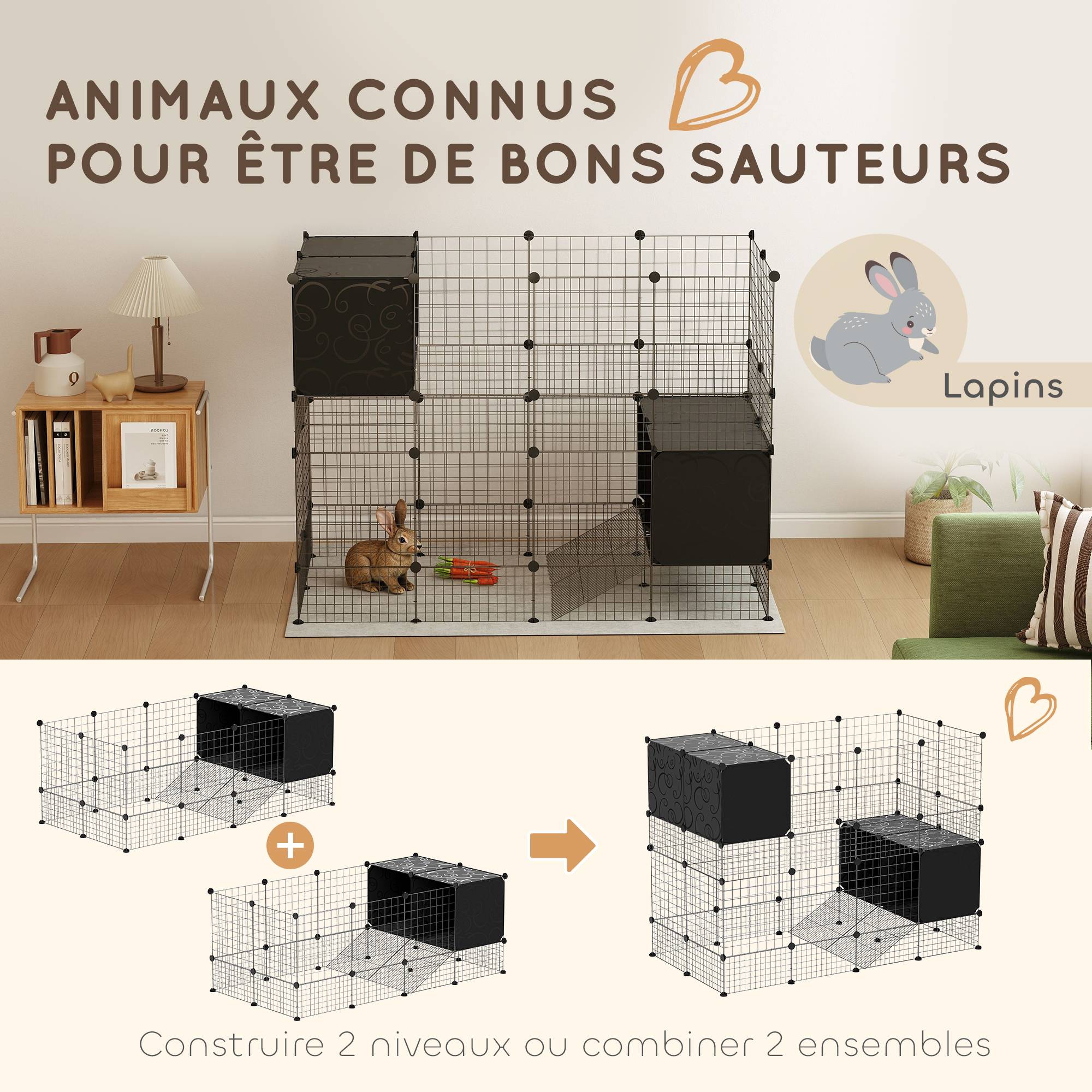 Enclos petits animaux acier rongeurs modulable niches 140x52cm noir - ComfortXL Outdoor Living - Image 10