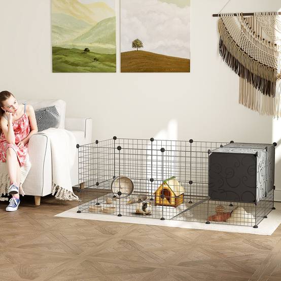 Enclos petits animaux acier rongeurs modulable niches 140x52cm noir - ComfortXL Outdoor Living - Image 4