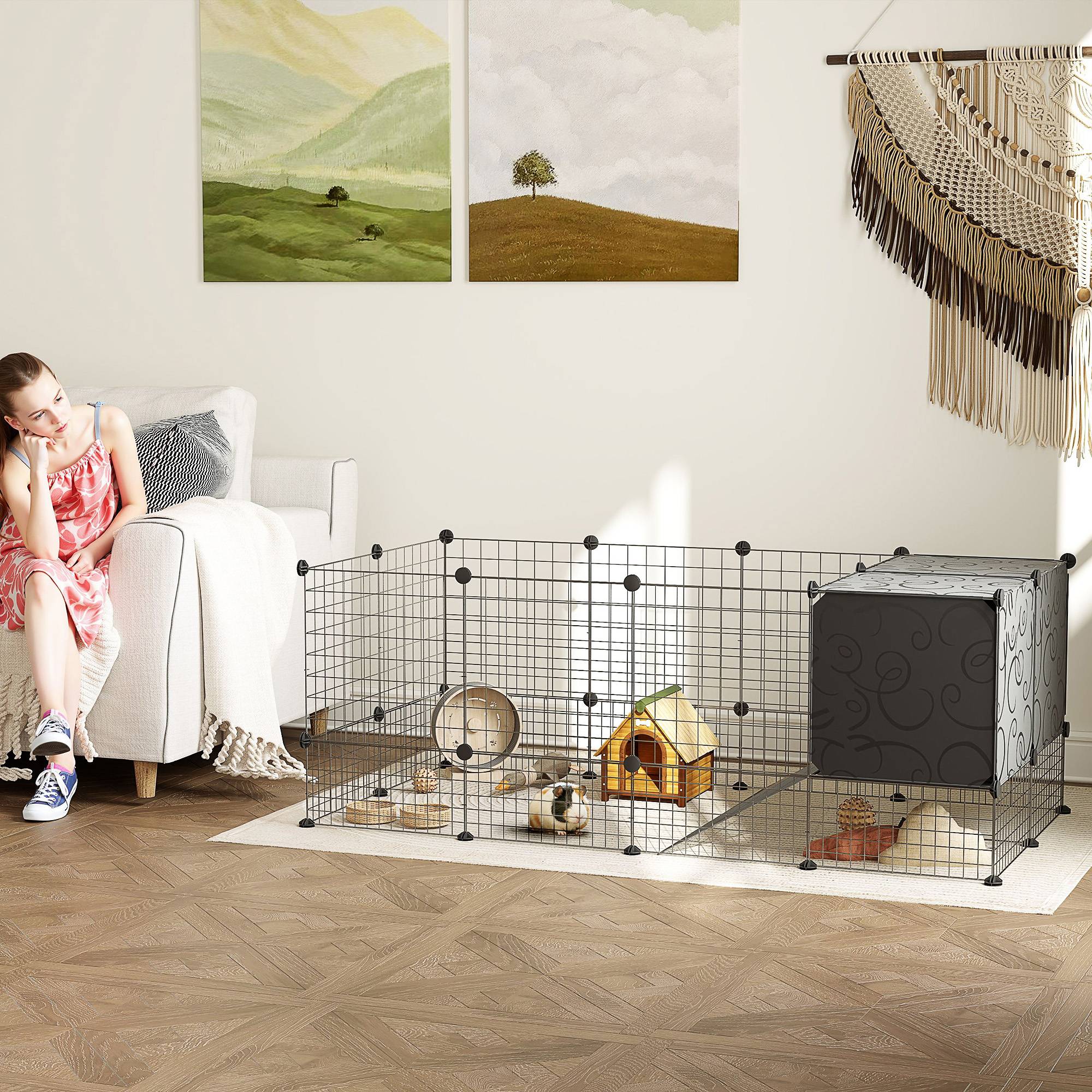 Enclos petits animaux acier rongeurs modulable niches 140x52cm noir - ComfortXL Outdoor Living - Image 4