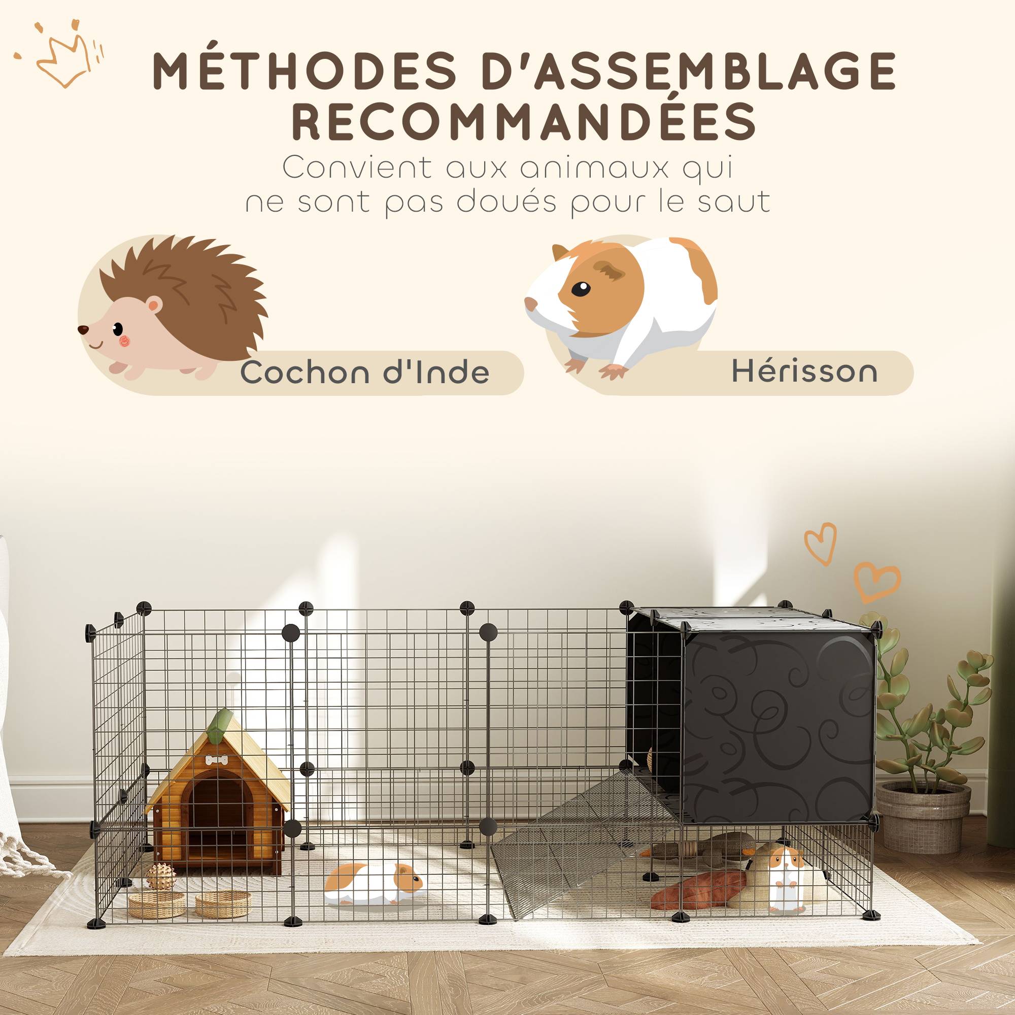 Enclos petits animaux acier rongeurs modulable niches 140x52cm noir - ComfortXL Outdoor Living - Image 9