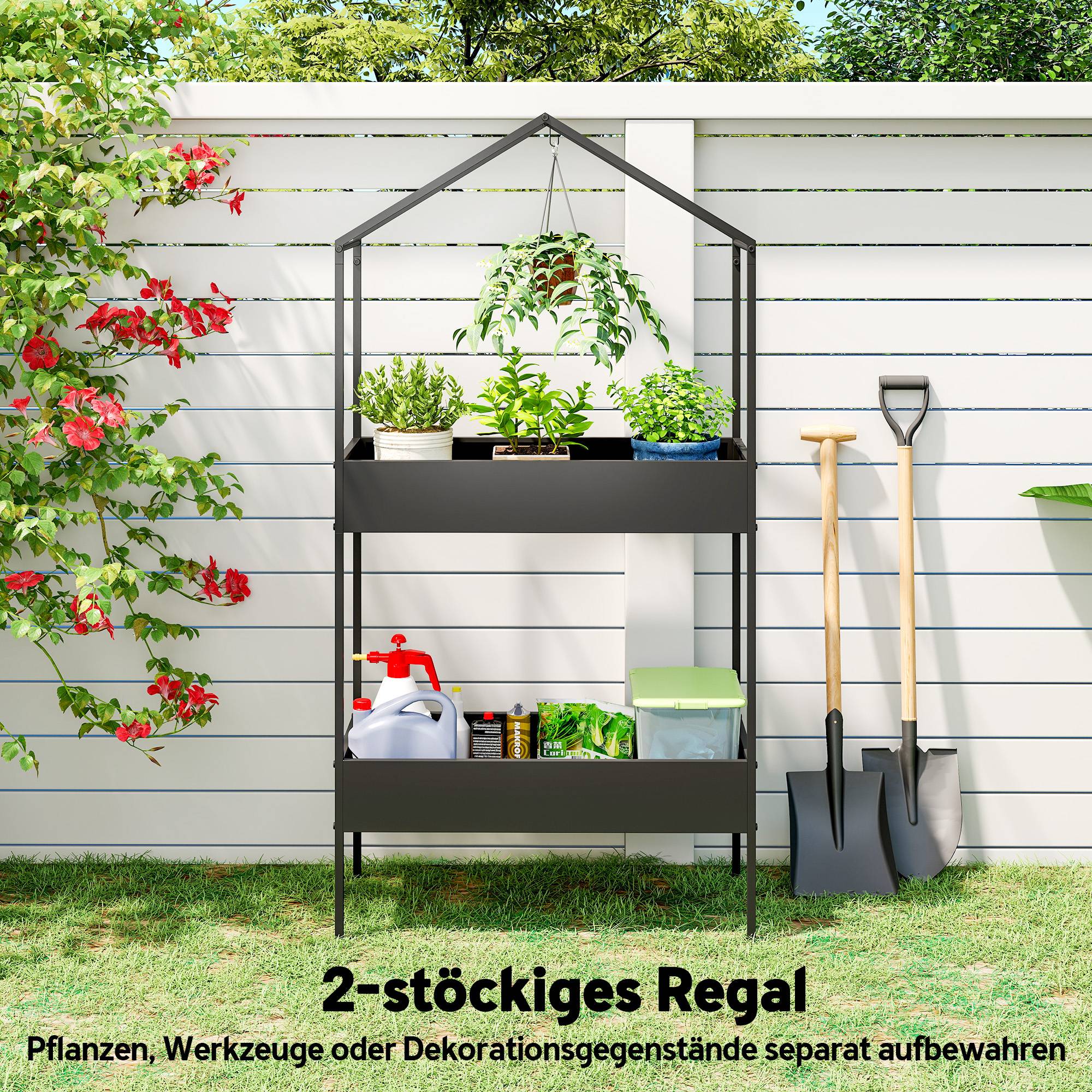 ComfortXL - Étagère à plantes forme maison en métal pour balcon et intérieur avec crochet 75x150cm noir - ComfortXL Outdoor Living - Image 7
