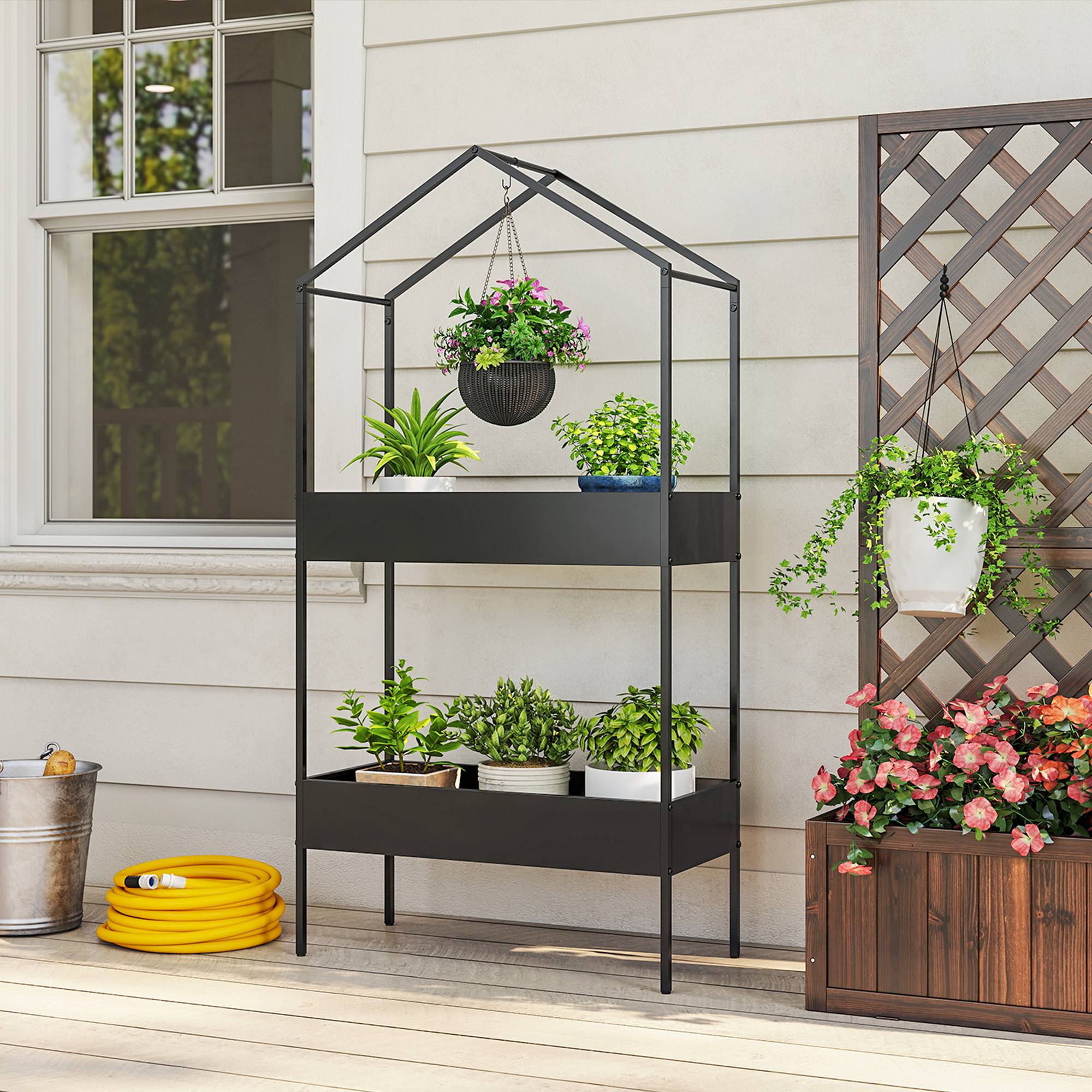 ComfortXL - Étagère à plantes forme maison en métal pour balcon et intérieur avec crochet 75x150cm noir - ComfortXL Outdoor Living - Image 4