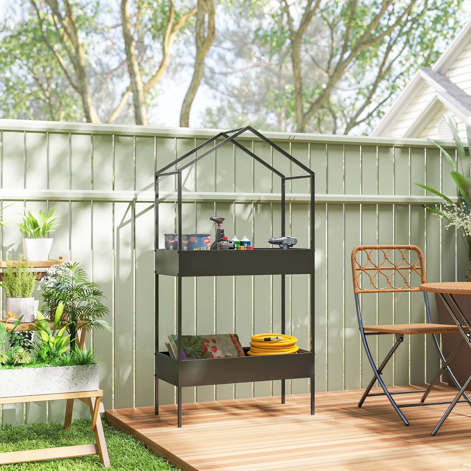 ComfortXL - Étagère à plantes forme maison en métal pour balcon et intérieur avec crochet 75x150cm noir - ComfortXL Outdoor Living - Image 10