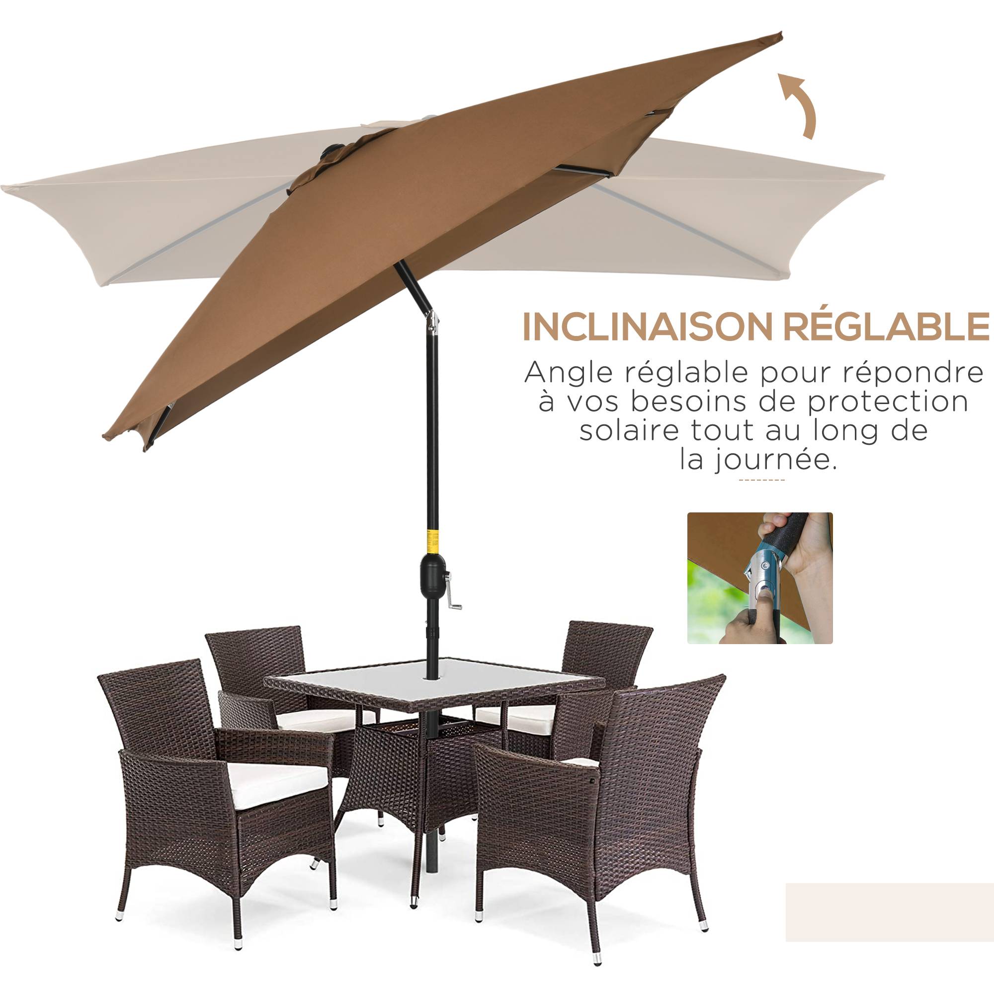 Parasol inclinable rectangulaire protection solaire toile polyester 180 g/m² 2,94x1,98x2,55m marron fr343 - Image 6