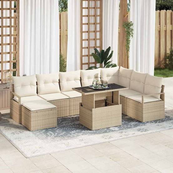 Set Canapé de Jardin 9 Pièces en Rotin Clair Beige et Crème Aspect Naturel pour Grande Véranda – ComfortXL Outdoor Living - Imagen 1
