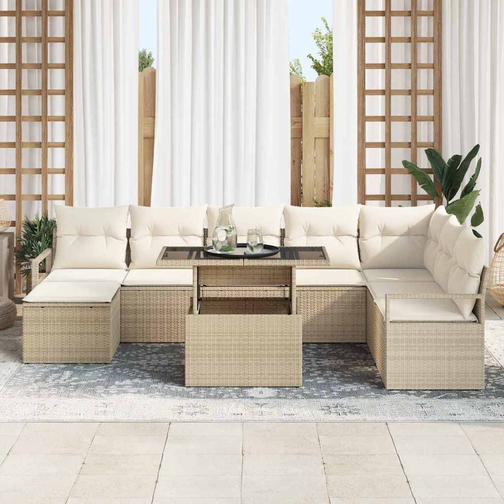 Set Canapé de Jardin 9 Pièces en Rotin Clair Beige et Crème Aspect Naturel pour Grande Véranda – ComfortXL Outdoor Living - Imagen 3
