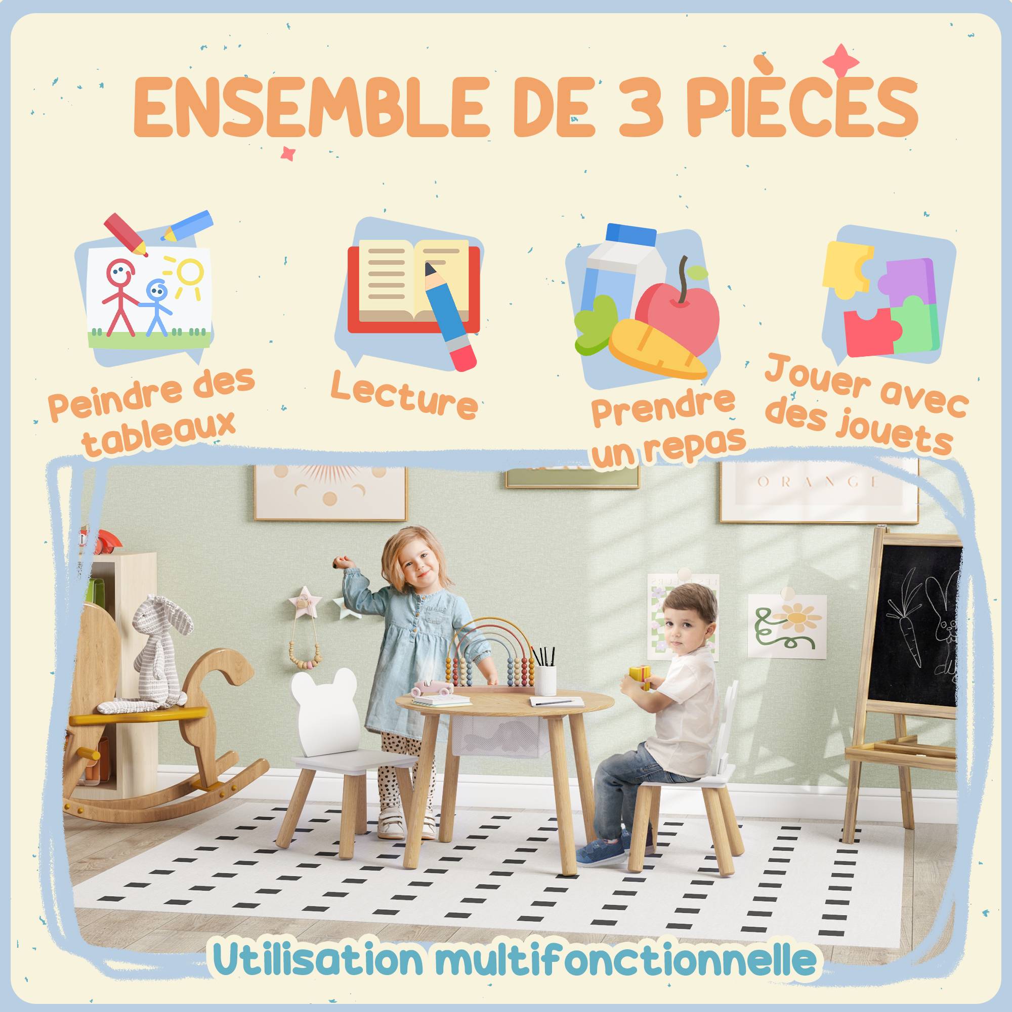 Ensemble 1 table ronde et 2 chaises enfant 3 pièces dossier ours, activités bricolage repas, 3-6 ans - Image 8