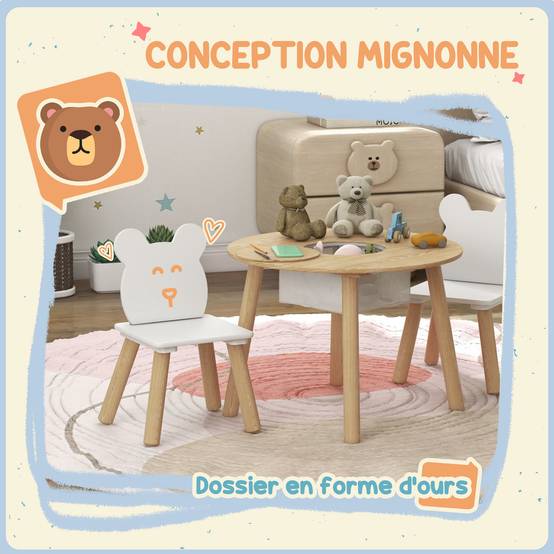 Ensemble 1 table ronde et 2 chaises enfant 3 pièces dossier ours, activités bricolage repas, 3-6 ans - Image 6