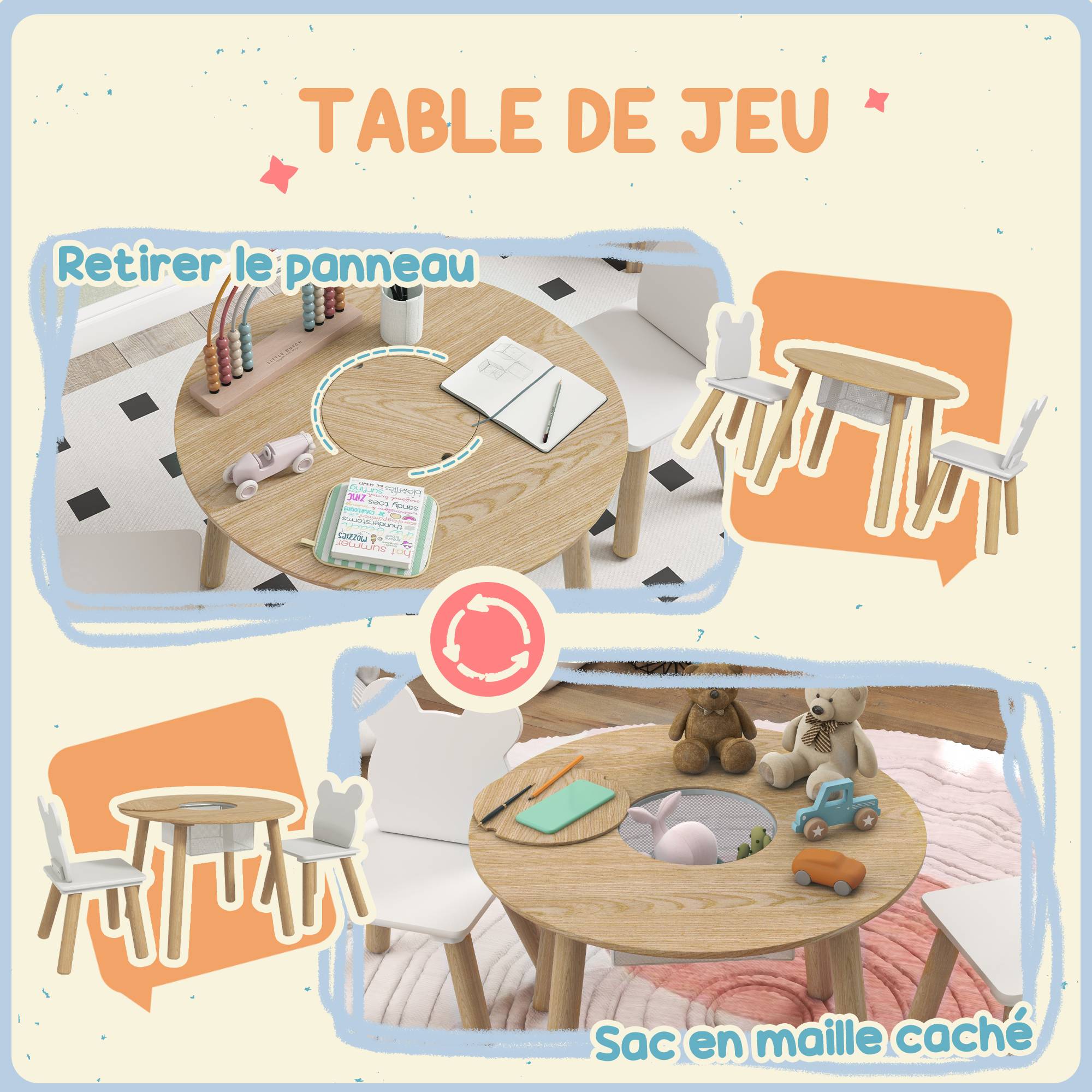Ensemble 1 table ronde et 2 chaises enfant 3 pièces dossier ours, activités bricolage repas, 3-6 ans - Image 7