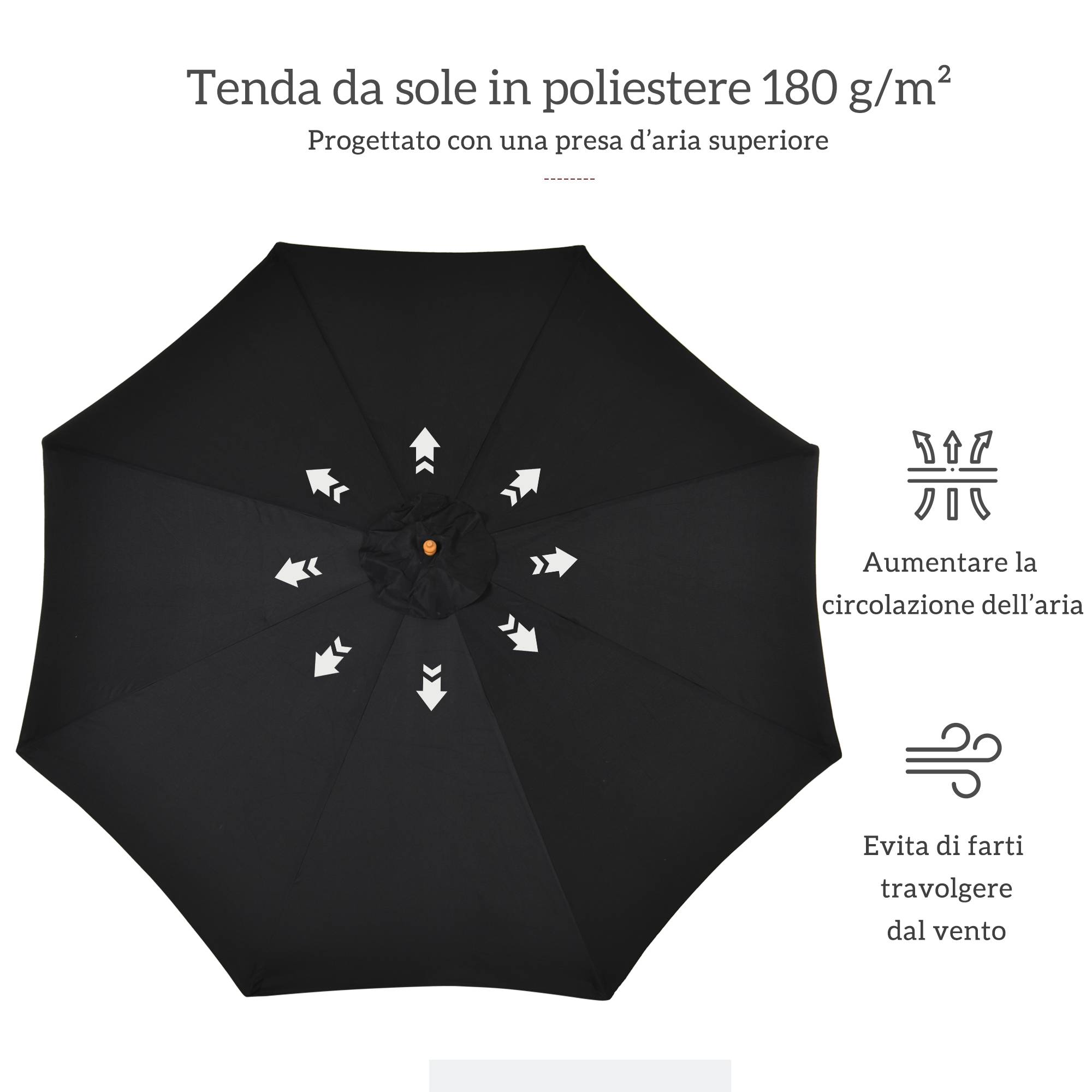 Parasol de jardin 3 m avec mât en bois, 8 baleines et toile en polyester, noir - Image 7