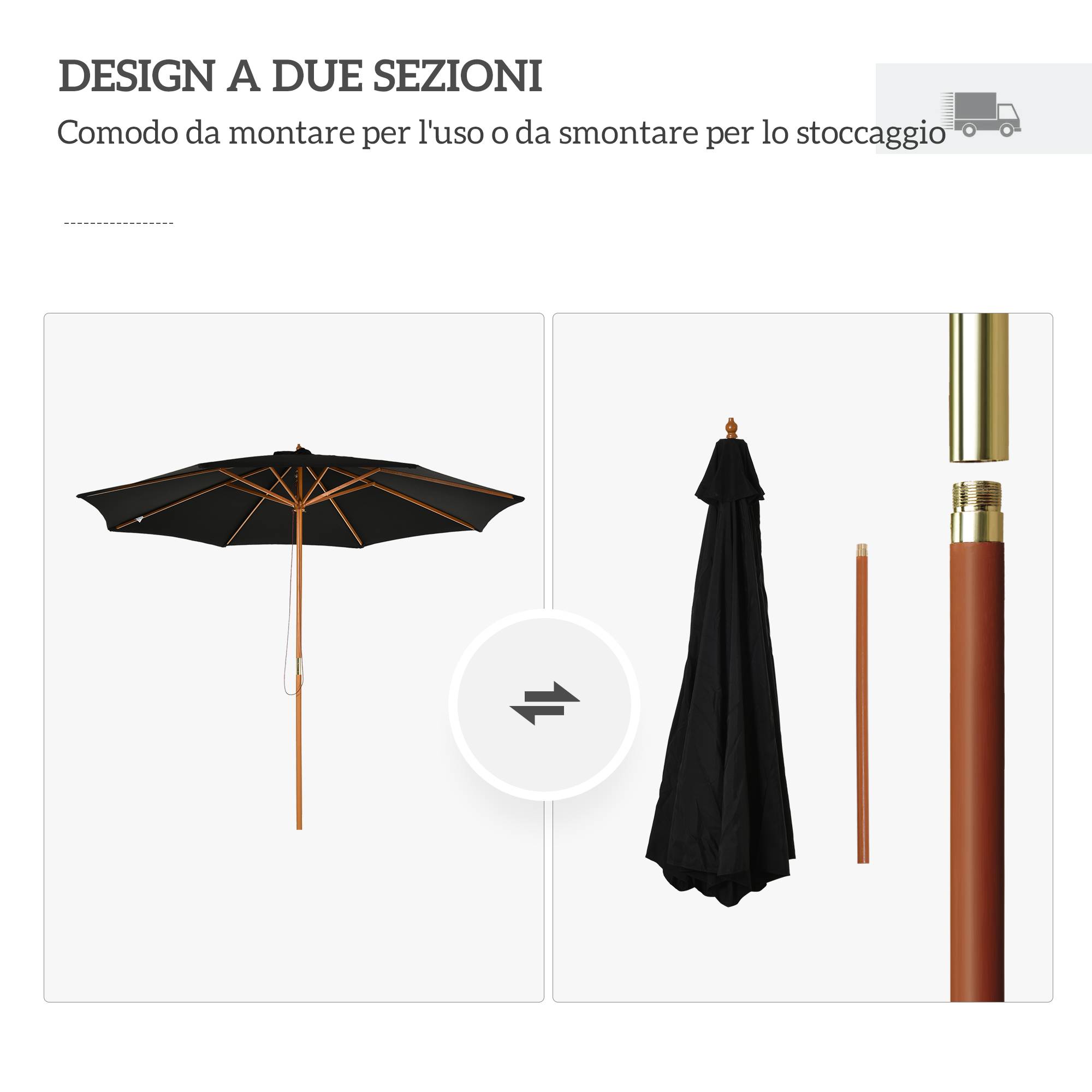 Parasol de jardin 3 m avec mât en bois, 8 baleines et toile en polyester, noir - Image 9