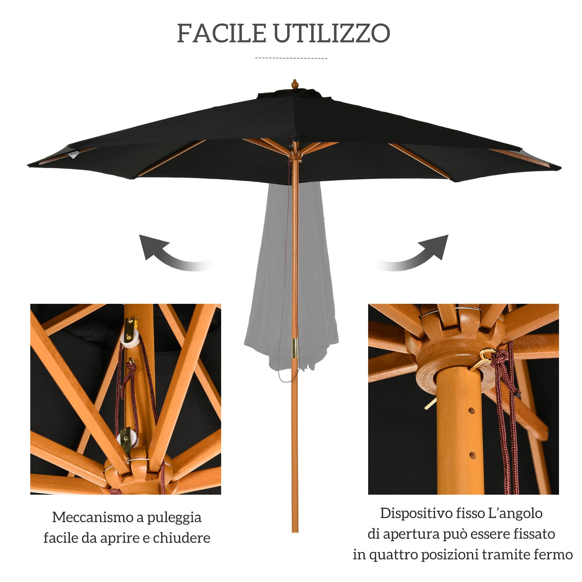 Parasol de jardin 3 m avec mât en bois, 8 baleines et toile en polyester, noir - Image 6