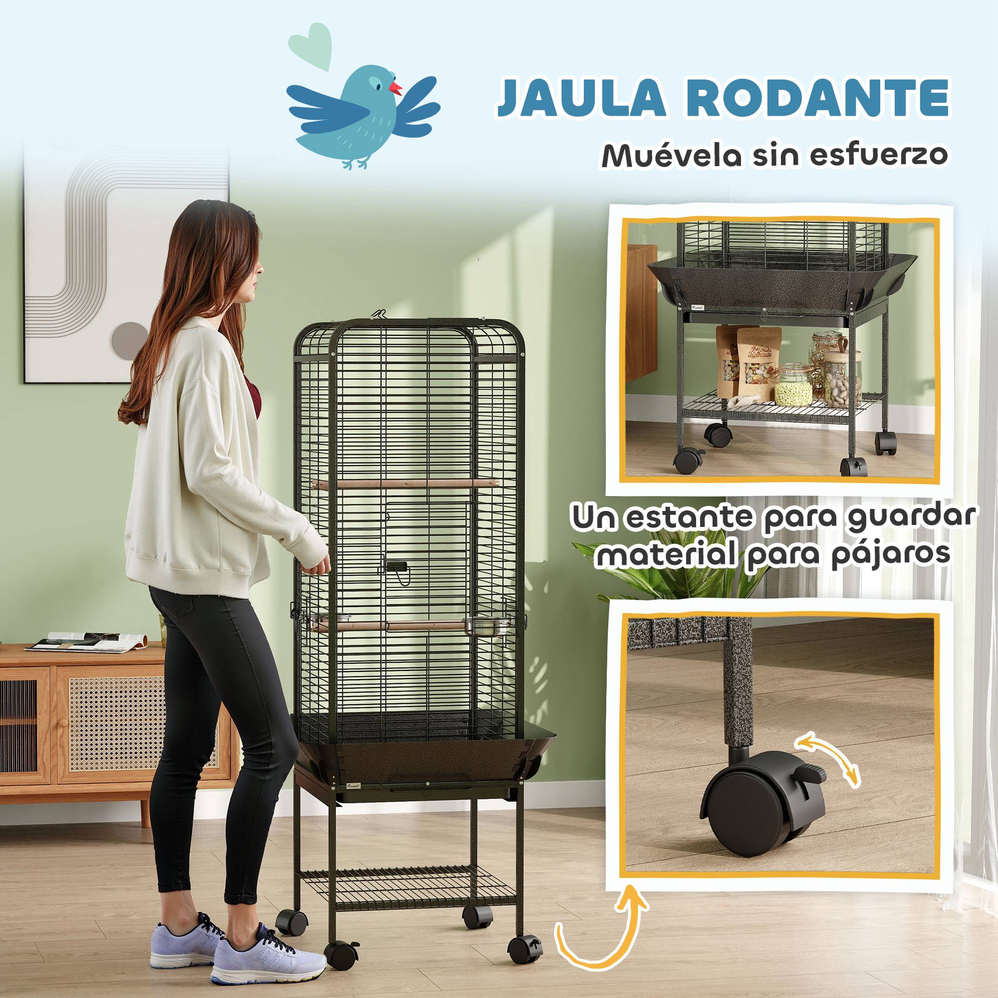 Cage à Perroquet Mobile en Acier sur Roulettes avec Aire de Jeu 63x63x146 cm Gris Foncé - ComfortXL Outdoor Living - Image 9