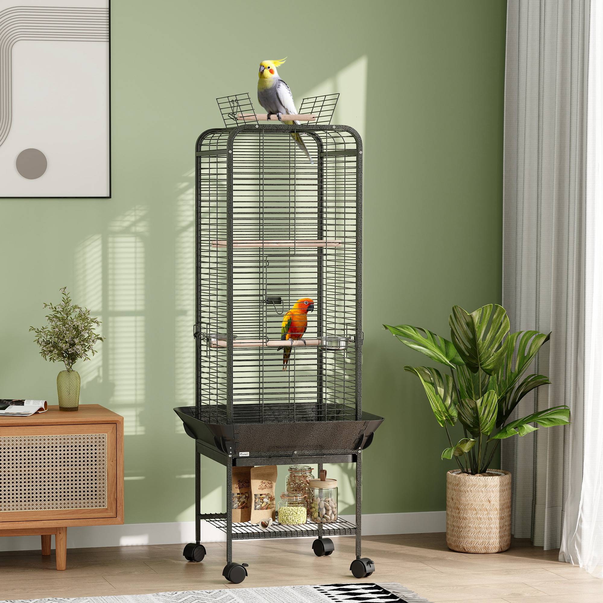 Cage à Perroquet Mobile en Acier sur Roulettes avec Aire de Jeu 63x63x146 cm Gris Foncé - ComfortXL Outdoor Living - Image 3