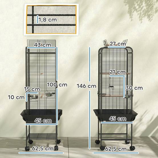 Cage à Perroquet Mobile en Acier sur Roulettes avec Aire de Jeu 63x63x146 cm Gris Foncé - ComfortXL Outdoor Living - Image 5