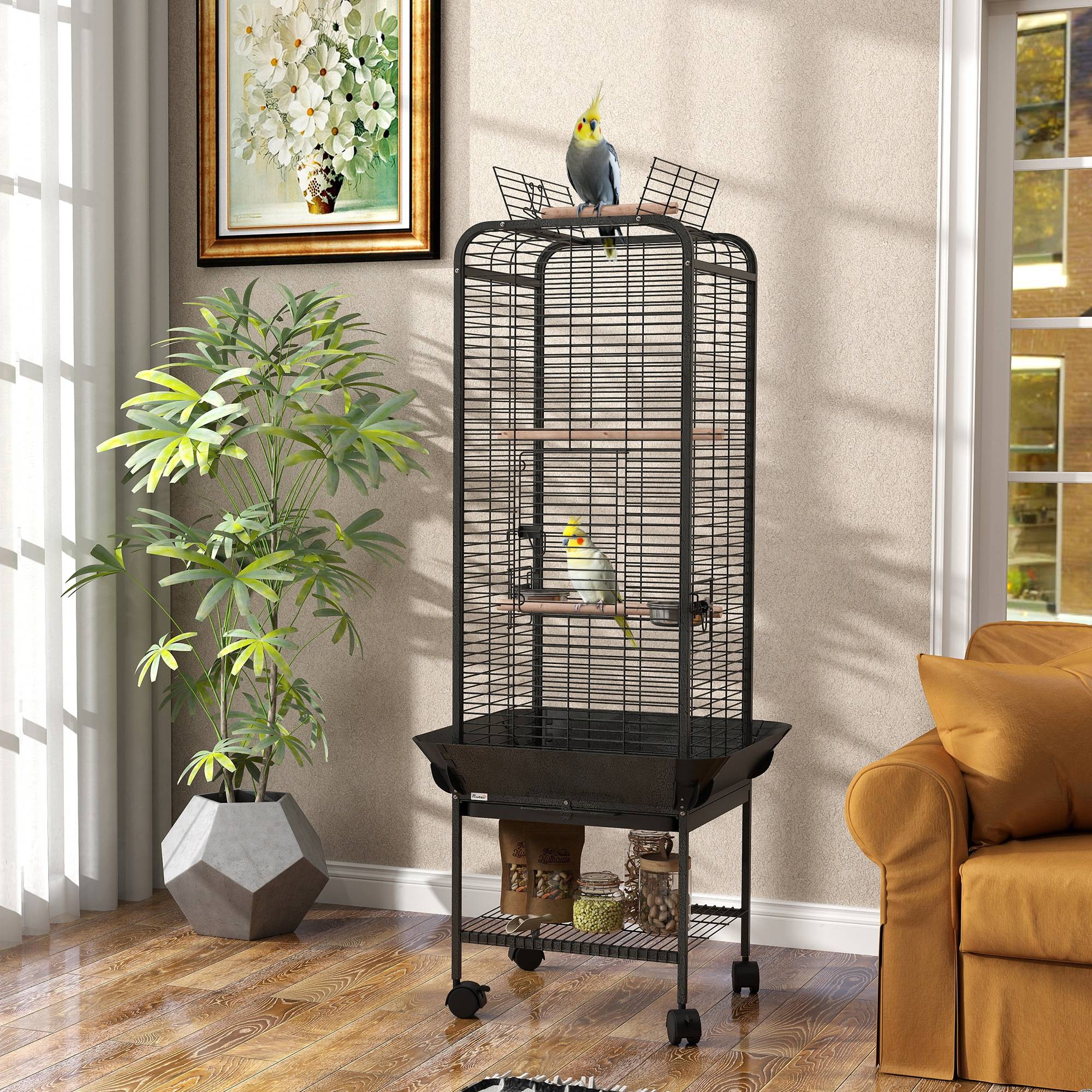 Cage à Perroquet Mobile en Acier sur Roulettes avec Aire de Jeu 63x63x146 cm Gris Foncé - ComfortXL Outdoor Living - Image 4