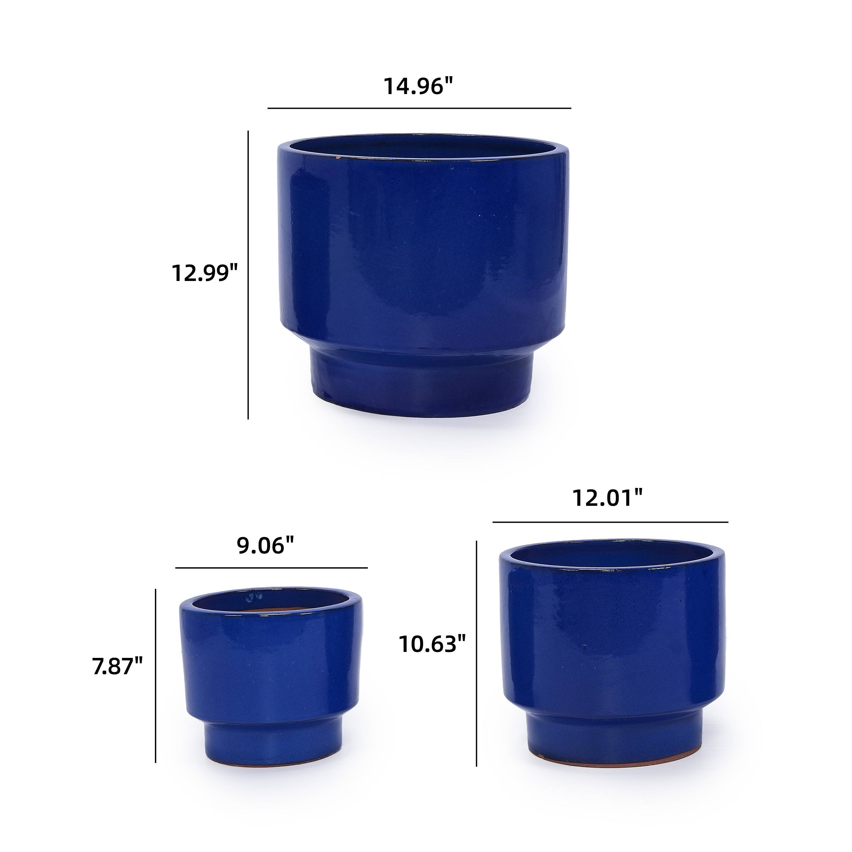 Lot 3 pots fleurs céramique intérieur extérieur résistant drainage bleu - ComfortXL Outdoor Living - Image 3