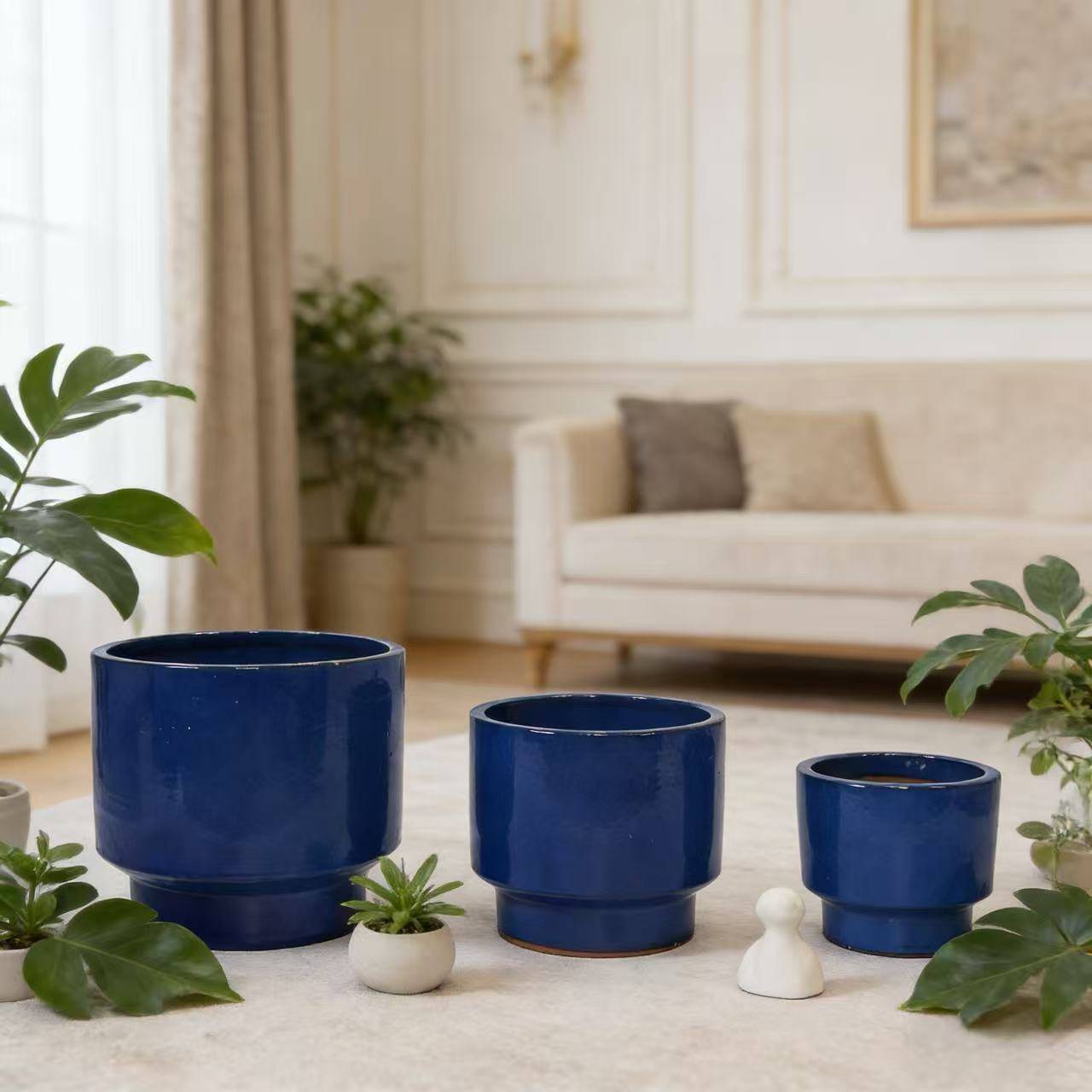 Lot 3 pots fleurs céramique intérieur extérieur résistant drainage bleu - ComfortXL Outdoor Living - Image 1