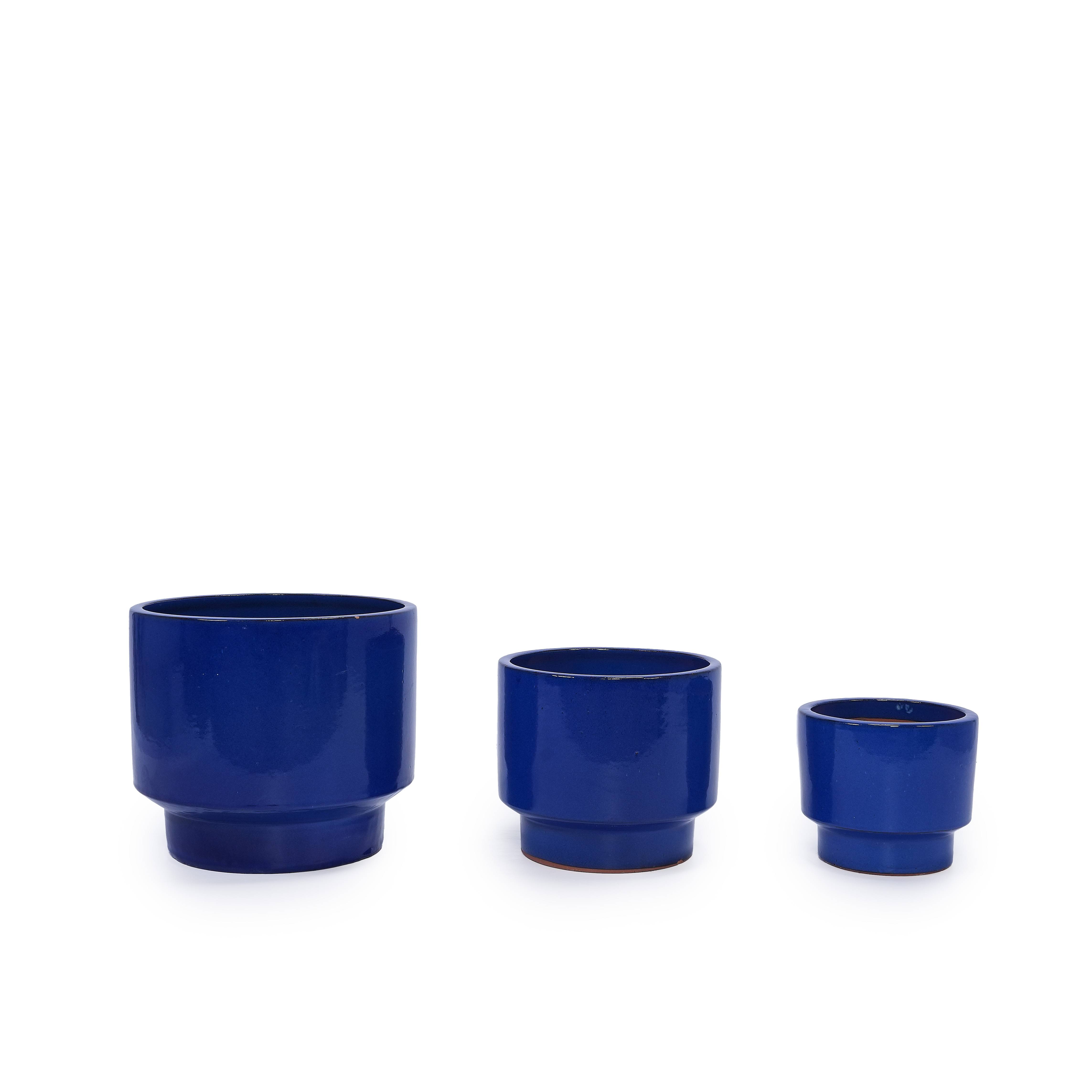 Lot 3 pots fleurs céramique intérieur extérieur résistant drainage bleu - ComfortXL Outdoor Living - Image 2