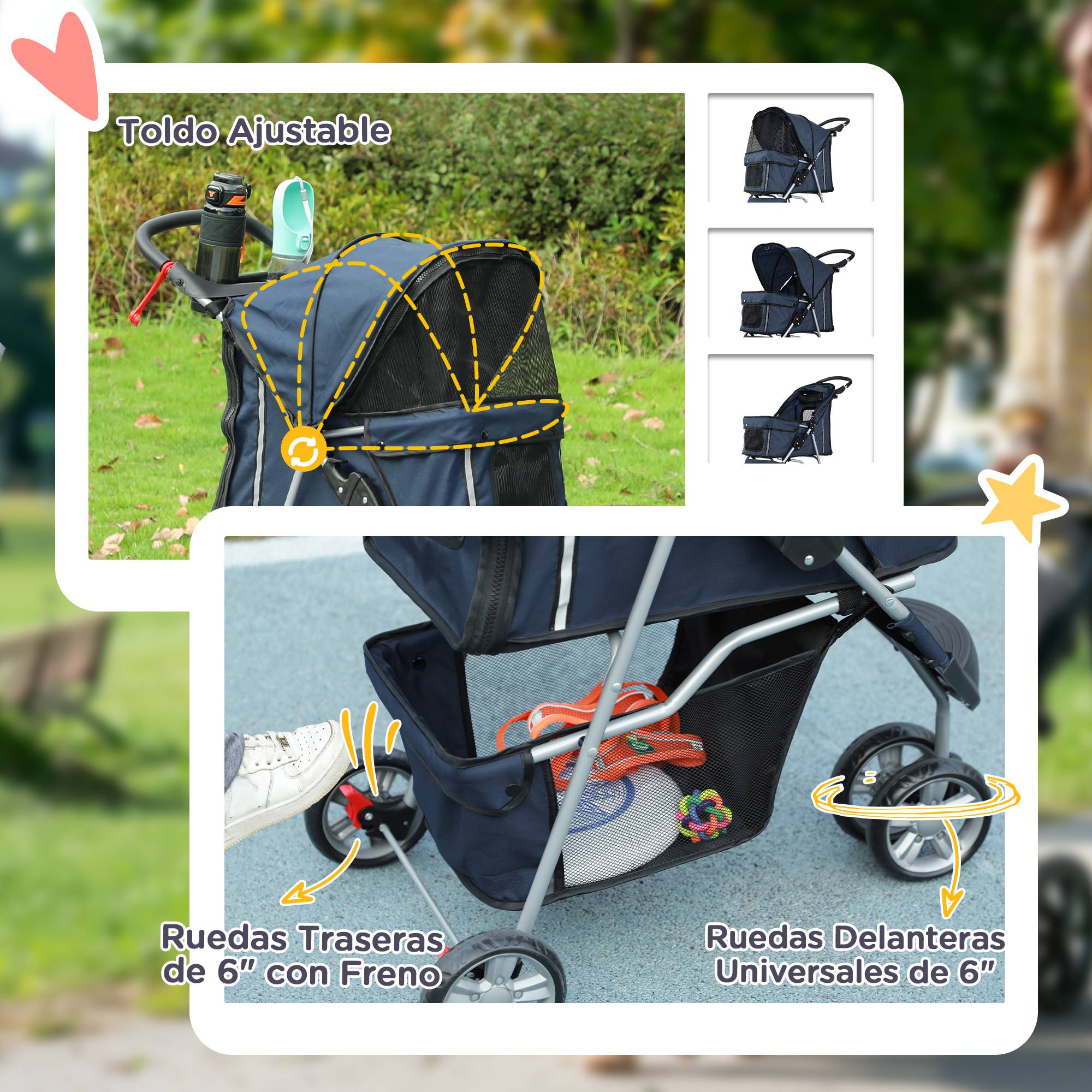 Poussette pour petit chien avec panier de rangement, fenêtres en filet et 2 roues universelles, 75 x 45 x 97 cm, bleu foncé - Image 8