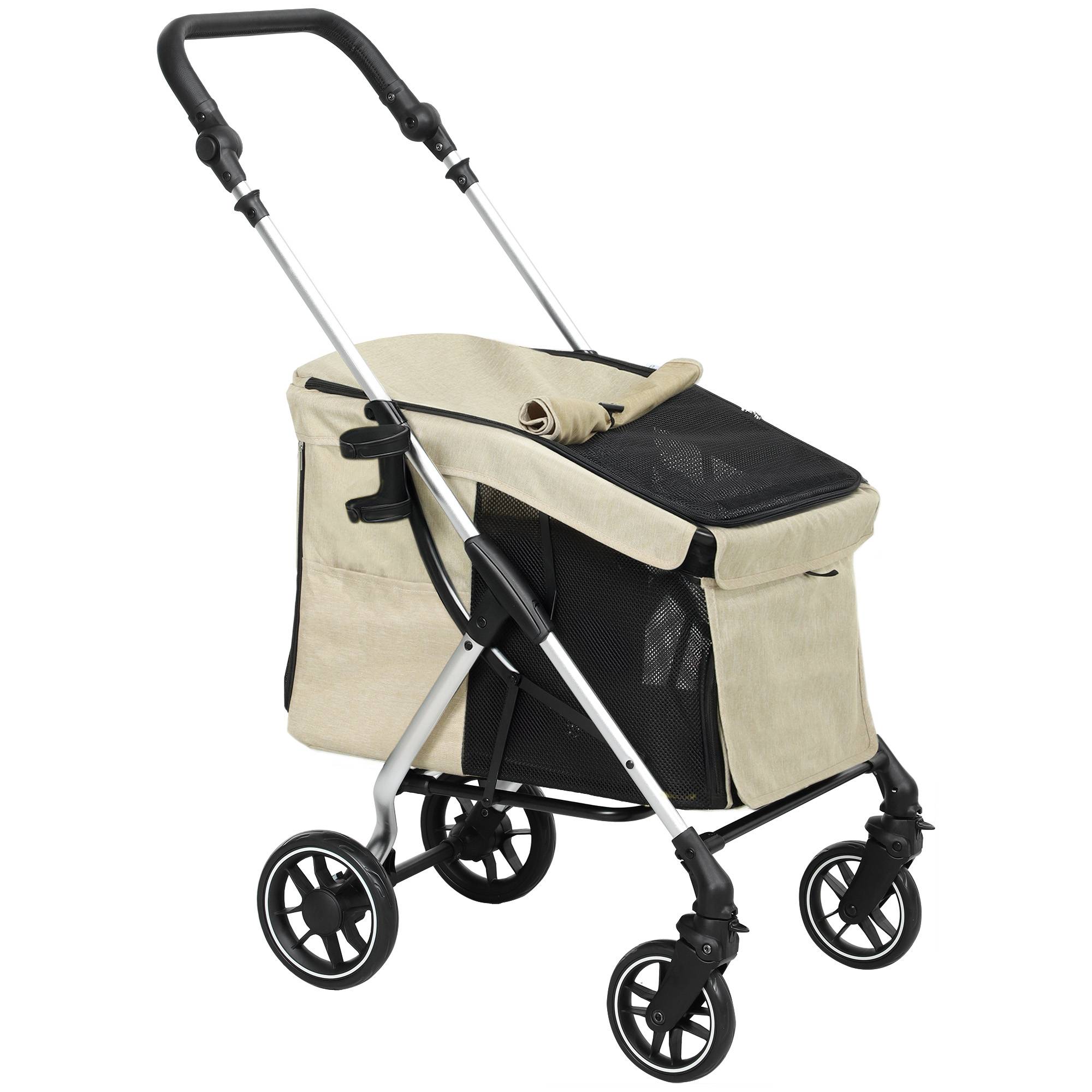 Chariot pour chien en aluminium, pliable, couleur kaki, avec coussin et fenêtres en filet, 80 x 48.5 x 106 cm - PANGIVO - Image 1