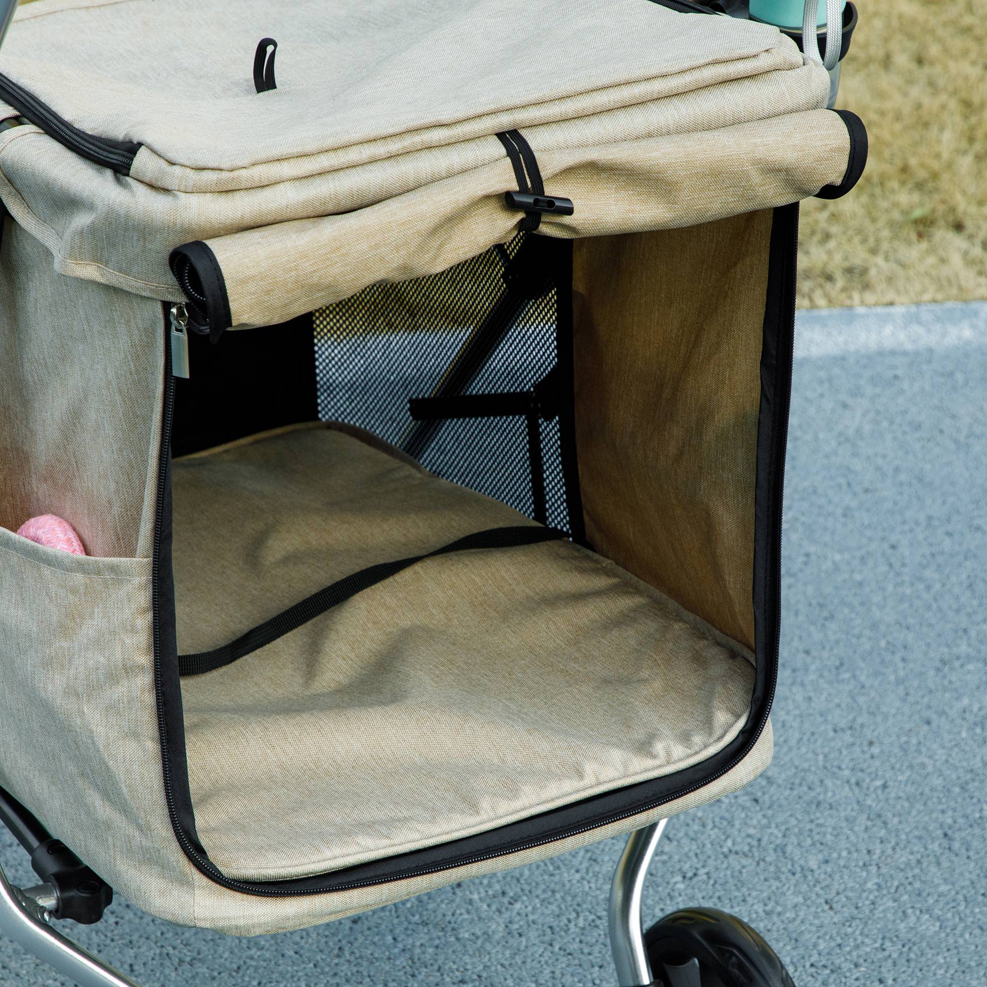 Chariot pour chien en aluminium, pliable, couleur kaki, avec coussin et fenêtres en filet, 80 x 48.5 x 106 cm - PANGIVO - Image 8