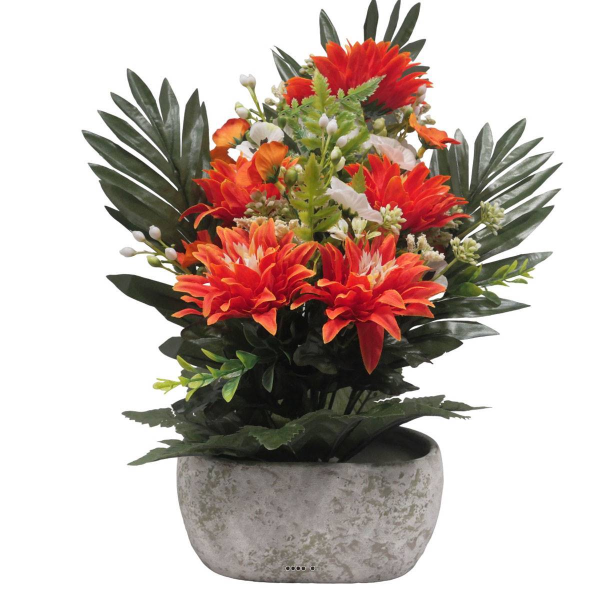 Artificielles - Jardinière pot béton Chrysantheme, Pensée et mini fleurs Orange pour la Toussaint - couleur: Orange 660 - Imagen 1