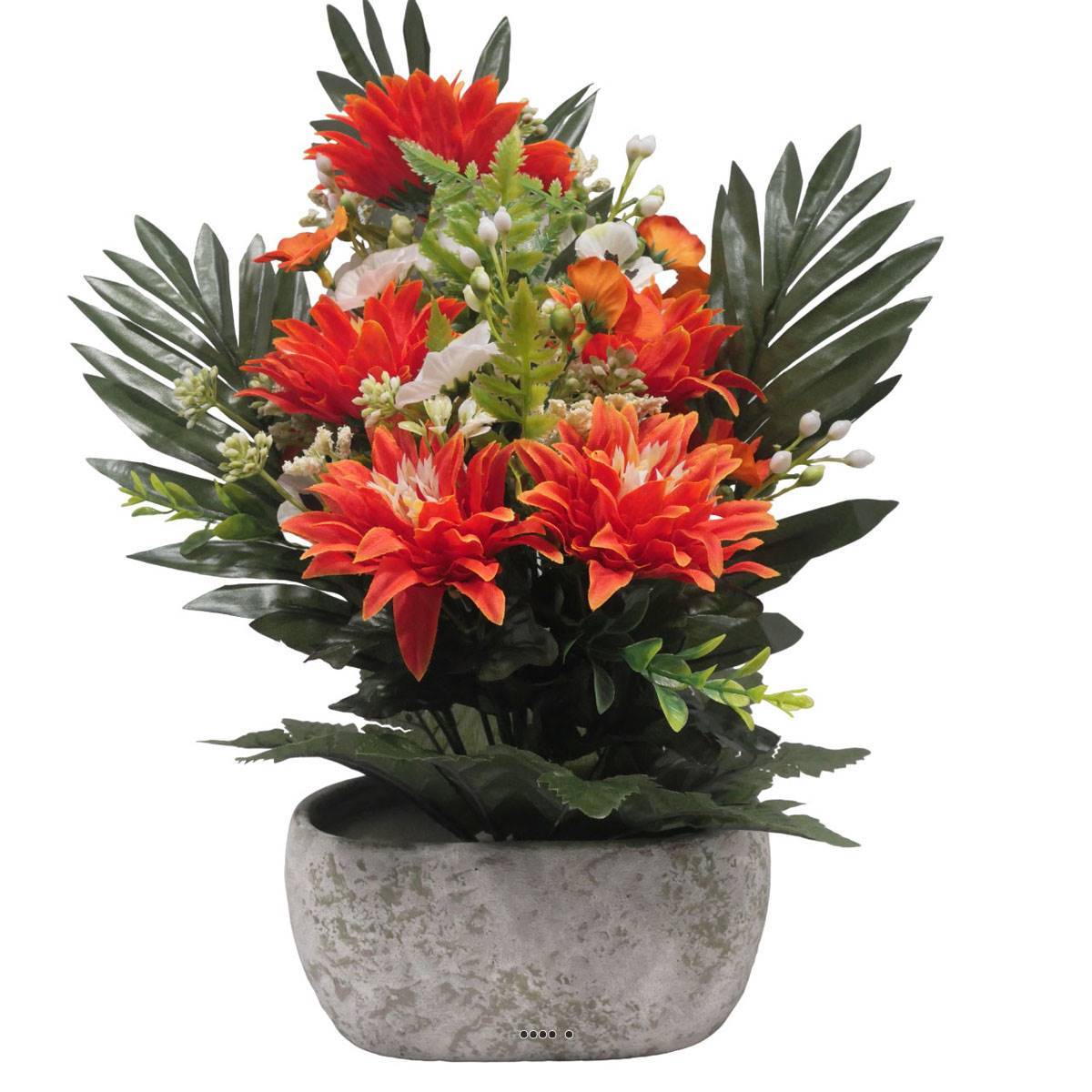 Artificielles - Jardinière pot béton Chrysantheme, Pensée et mini fleurs Orange pour la Toussaint - couleur: Orange 660 - Imagen 2
