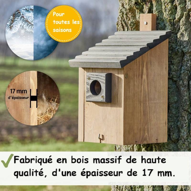Mangeoire oiseaux extérieur à suspendre pour oiseaux sauvages en bois massif toit pente gris - Image 3