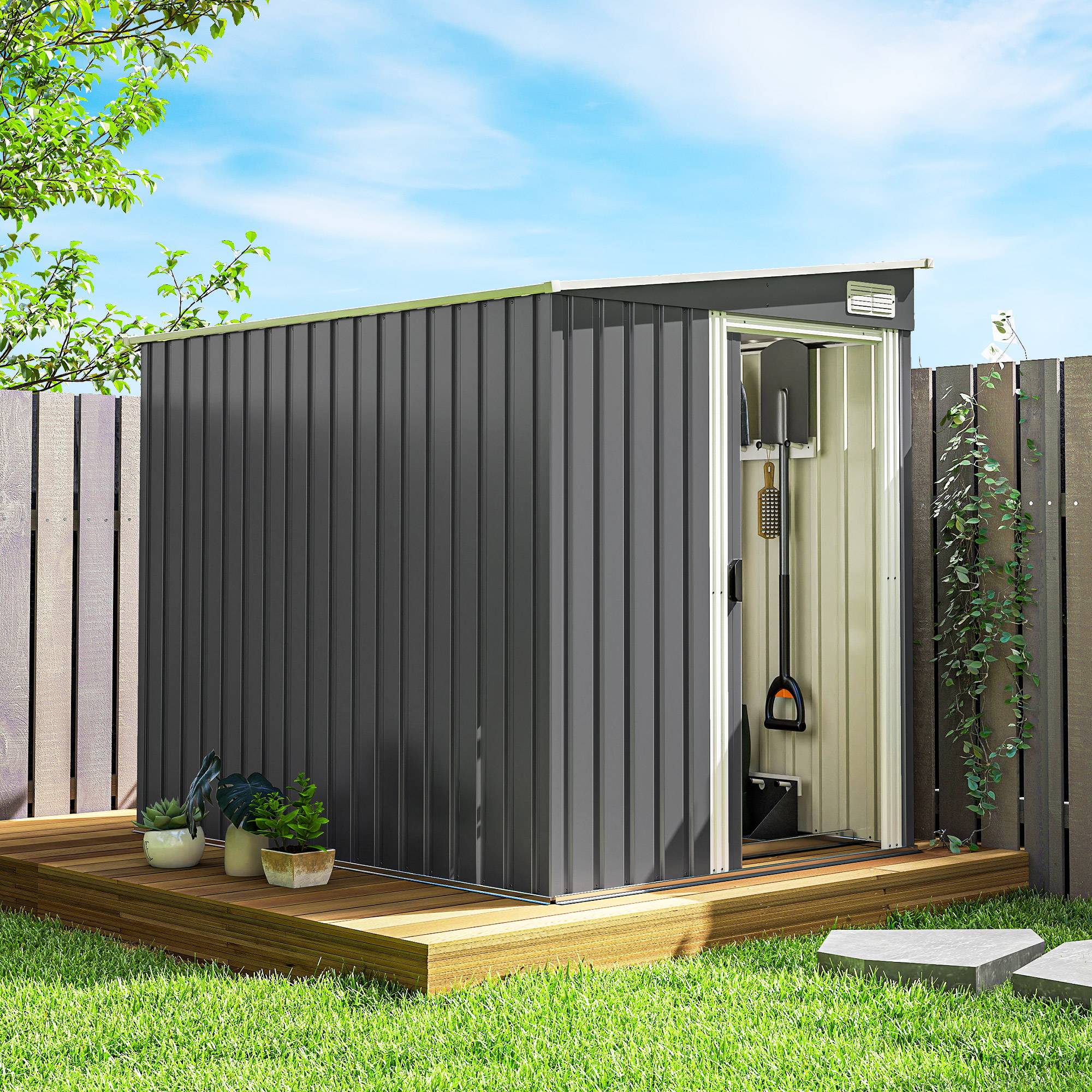 Abri de jardin acier extérieur rangement outils adossable 154x206cm gris foncé - ComfortXL Outdoor Living - Image 4