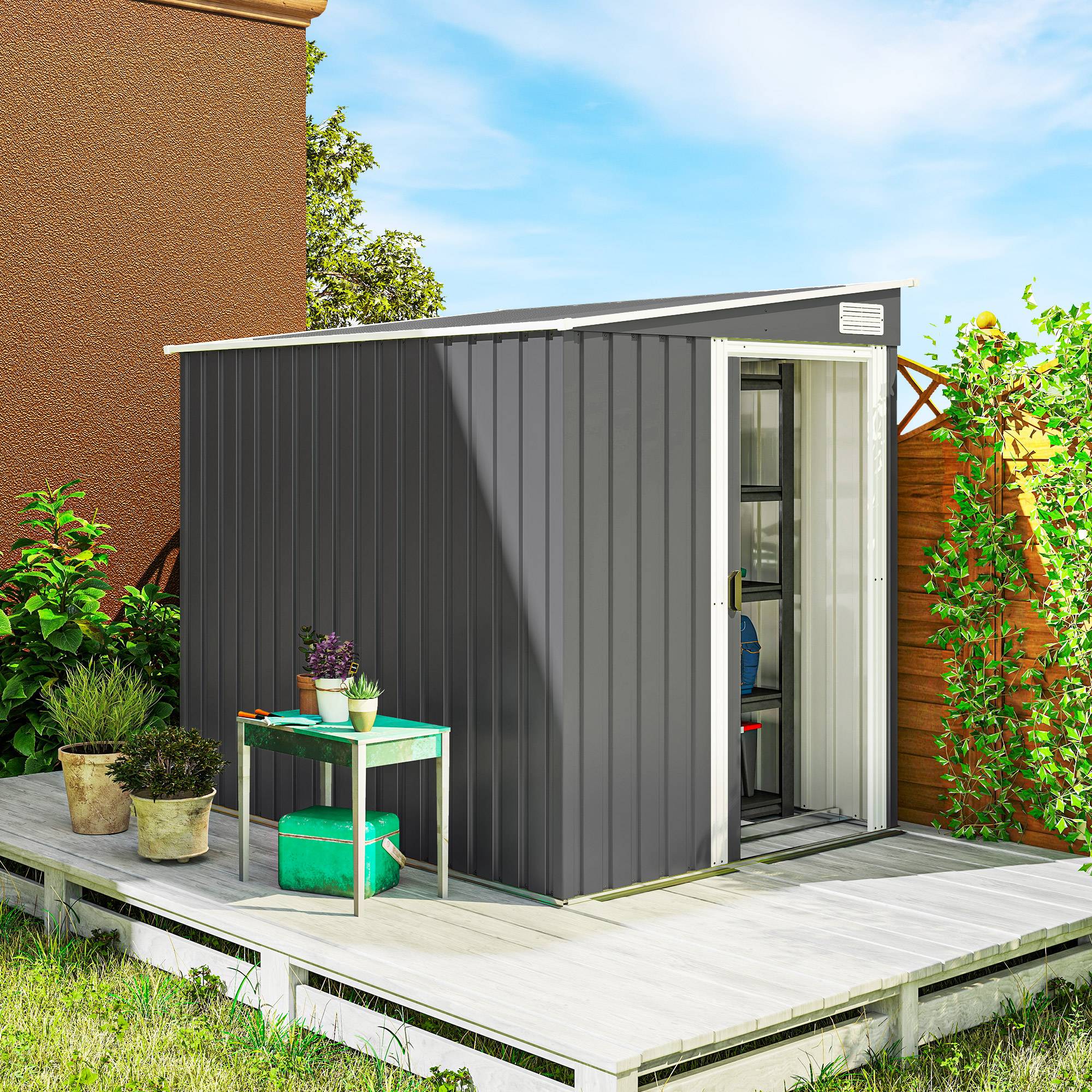 Abri de jardin acier extérieur rangement outils adossable 154x206cm gris foncé - ComfortXL Outdoor Living - Image 3