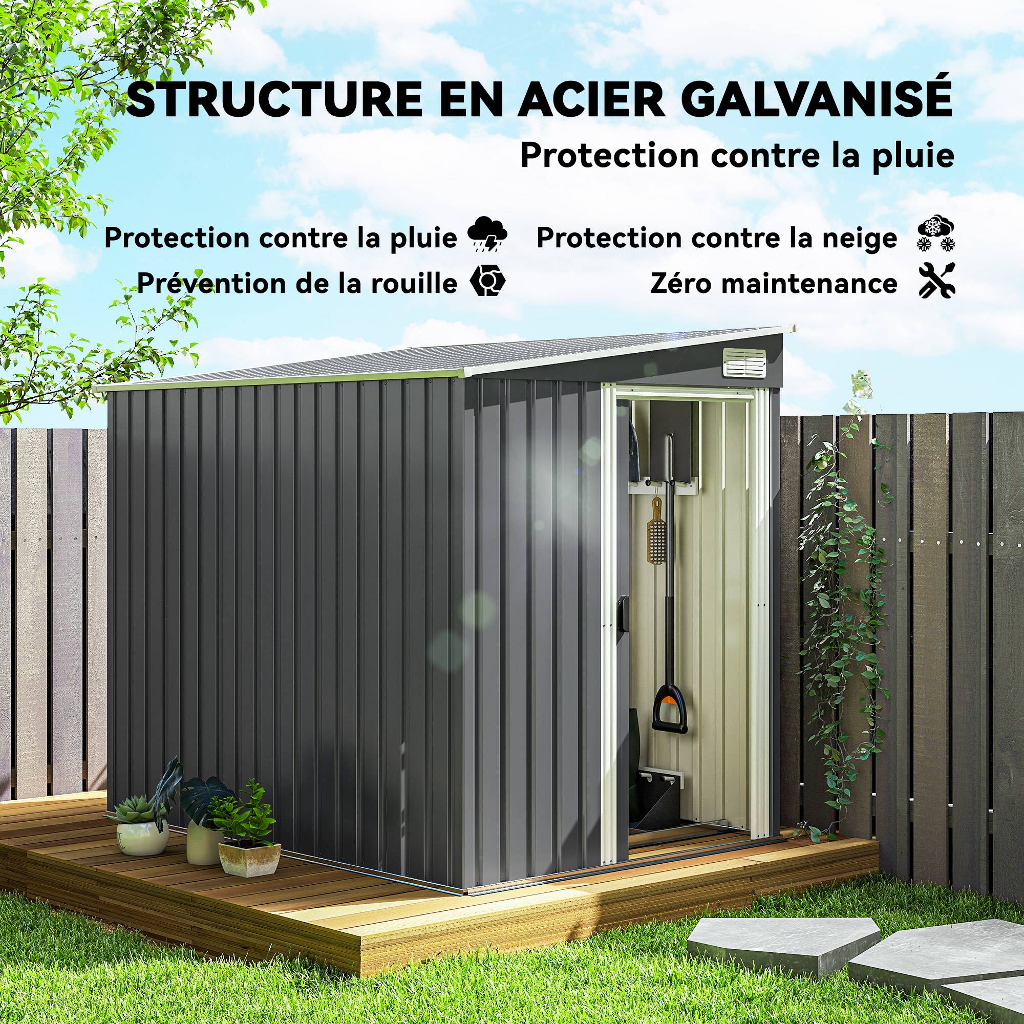Abri de jardin acier extérieur rangement outils adossable 154x206cm gris foncé - ComfortXL Outdoor Living - Image 6