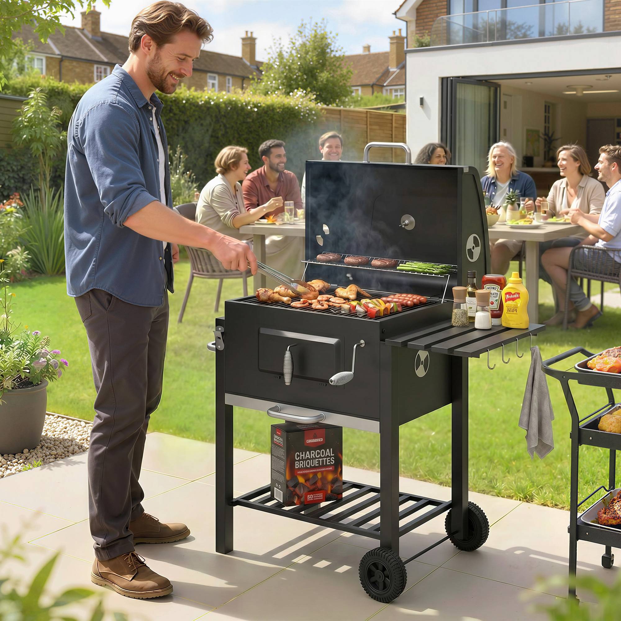 ComfortXL - Barbecue à charbon fumoir acier inoxydable noir 113 x 65 x 108 cm 2 grilles thermomètre et tablette latérale - Image 1