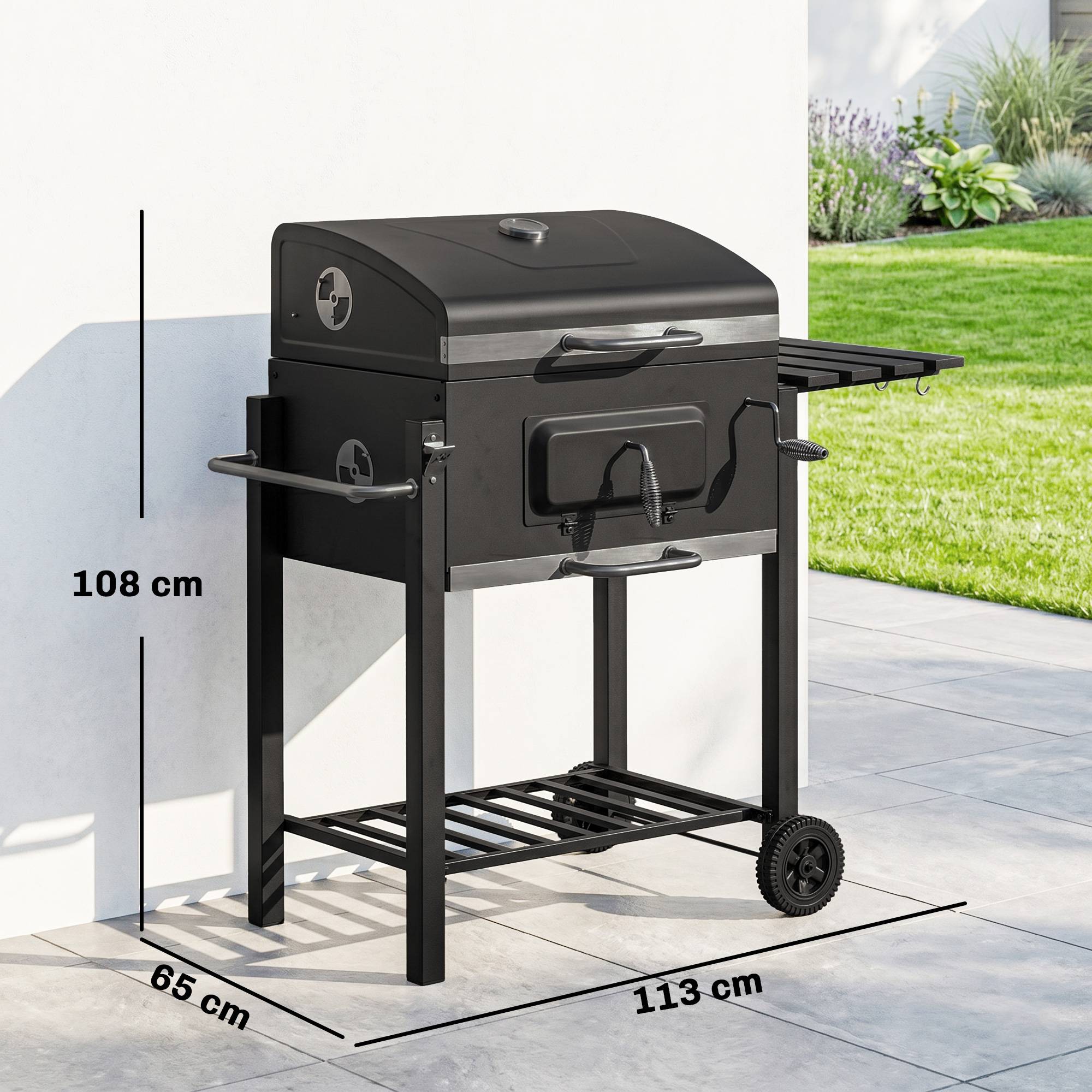 ComfortXL - Barbecue à charbon fumoir acier inoxydable noir 113 x 65 x 108 cm 2 grilles thermomètre et tablette latérale - Image 3