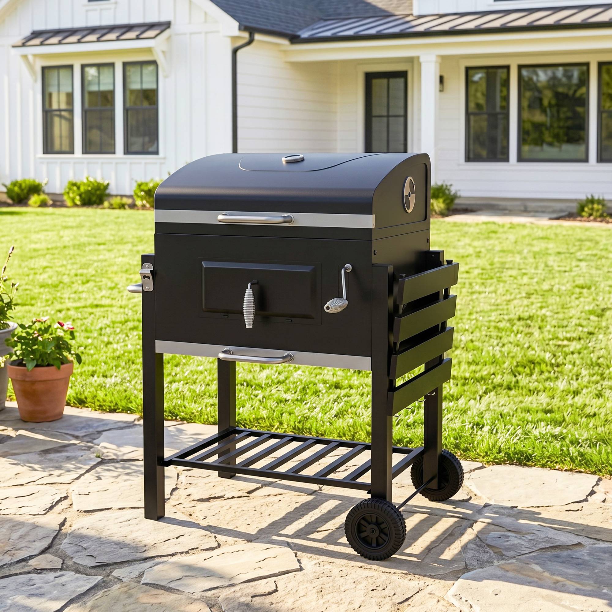 ComfortXL - Barbecue à charbon fumoir acier inoxydable noir 113 x 65 x 108 cm 2 grilles thermomètre et tablette latérale - Image 9